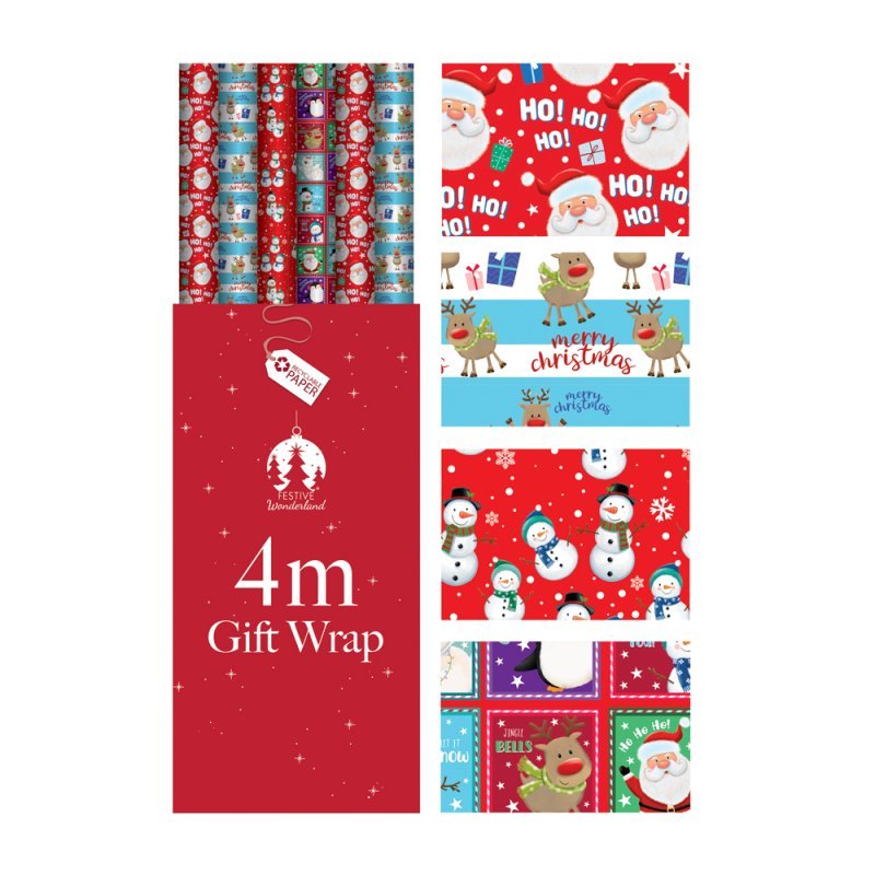 TEMU Bg Bulk Pack Of 4 X 4m Cute Assorted Mixed Christmas Wrapping Paper Roll Festival Festive Decoration Perfect For Christmas Presents - 16m Wrap