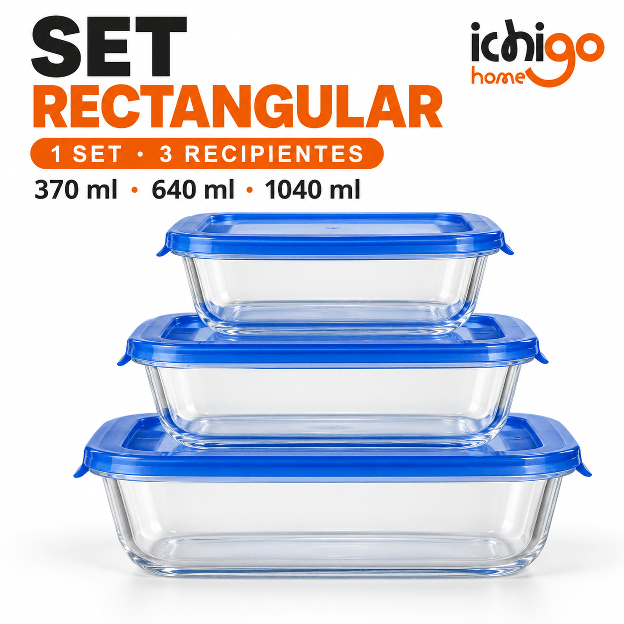 TEMU ICHIGO HOME- SET 3 Tuppers Cristal Fiambreras Cocina Cierre Seguro Resistente Fácil de Limpiar Reutilizable - Cuadrados Rectangulares o Redondos