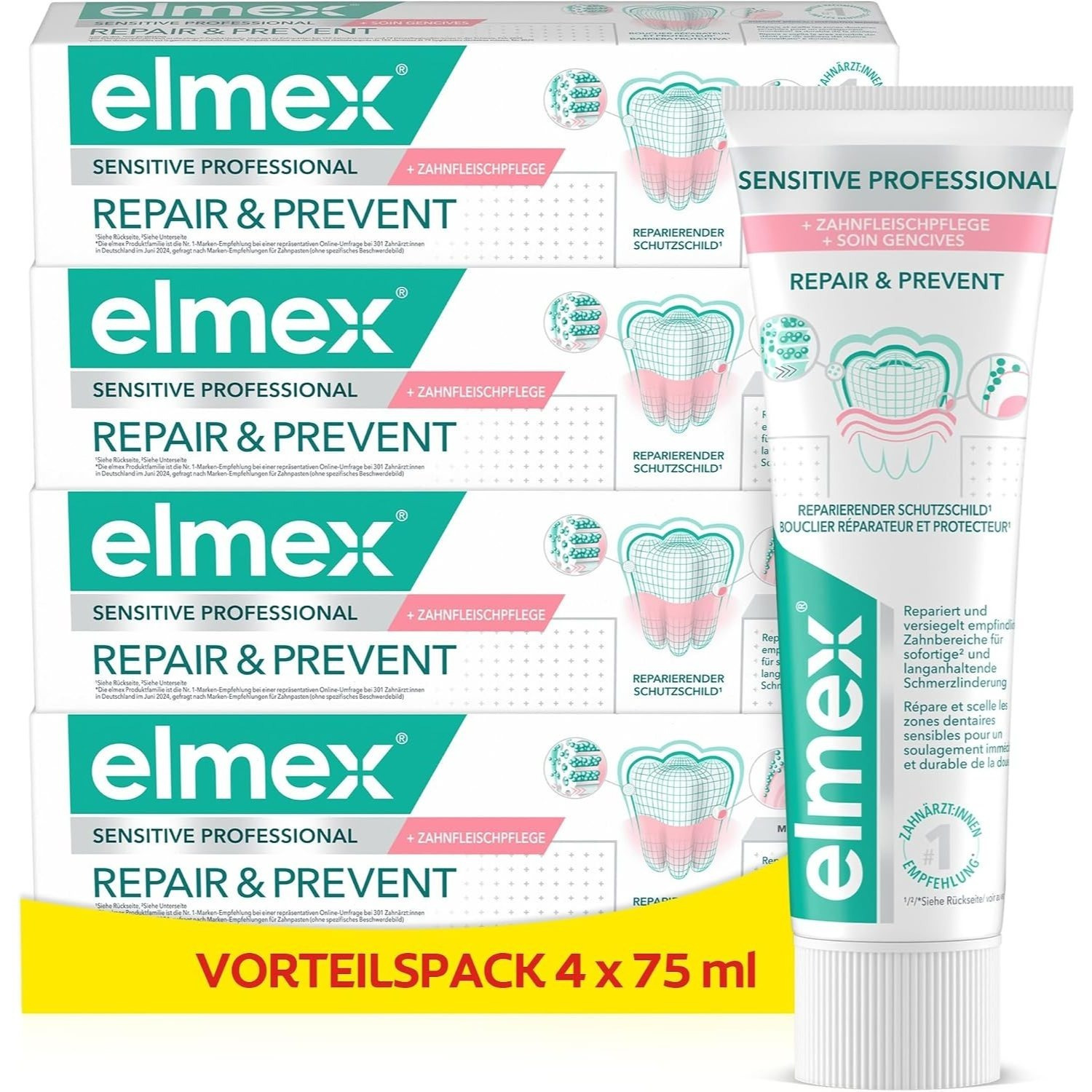 Image of Elmex Sensitive Professional Toothpaste – For Sensitive Teeth & Gum Care – Immediate & Long-lasting Pain Relief – 4-pack (4 X 75 Ml / 300 Ml)