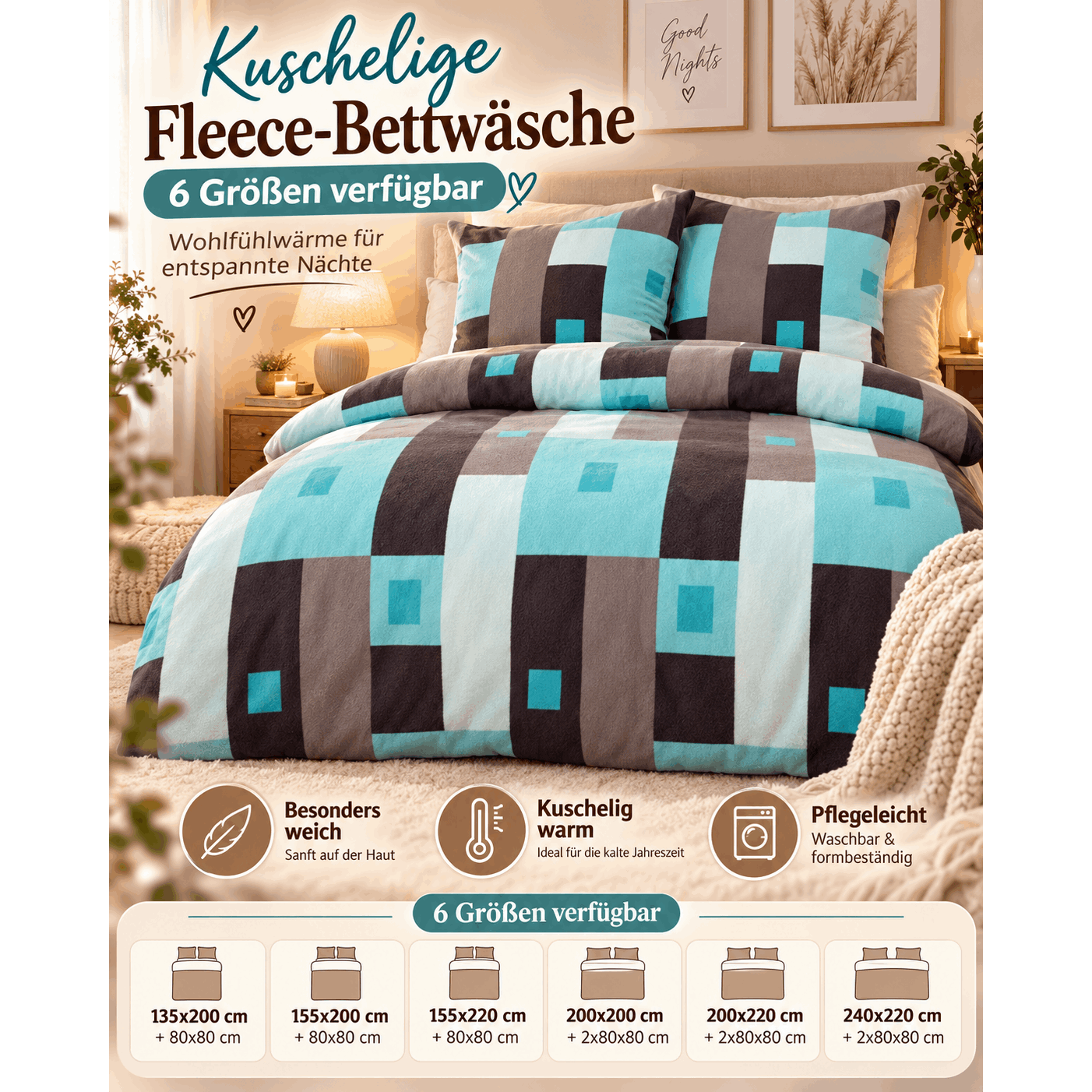 Image of Fleece Winter Bedding Set In Turquoise Blue Gray, Zippered Warm Cover Pillowcase 80x80 Cm, In Sizes