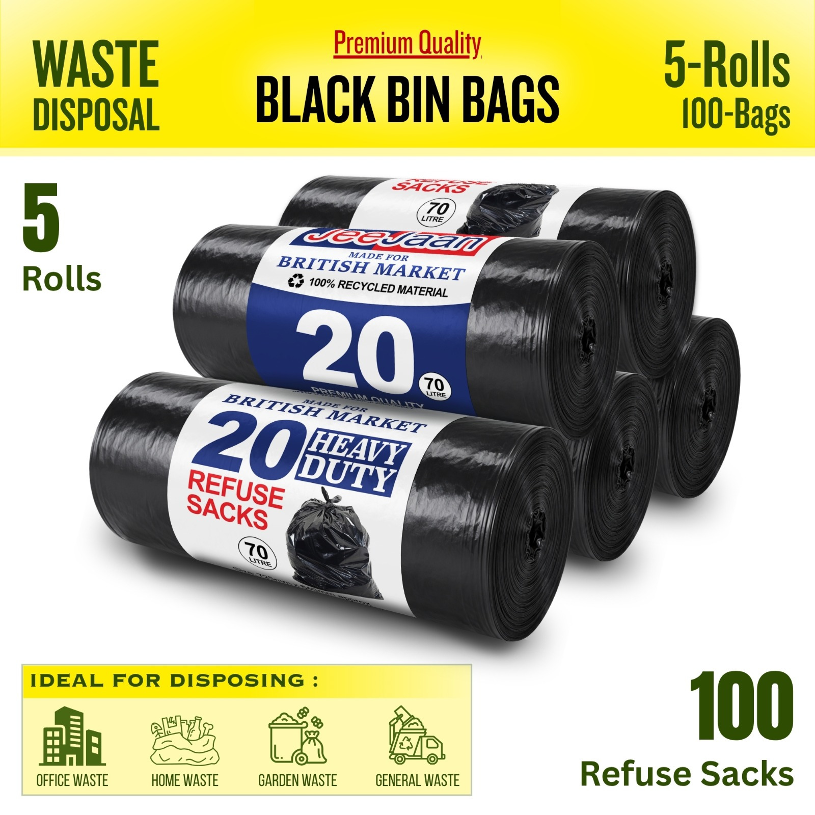 TEMU 100 Pcs Heavy Duty Black Bin Liners | 75l Black 5 Rolls 20 Bin Bags Per Roll | 72x85 Cm | Kitchen Bin Liners | Sacks | Bin Bags | Strong Waste