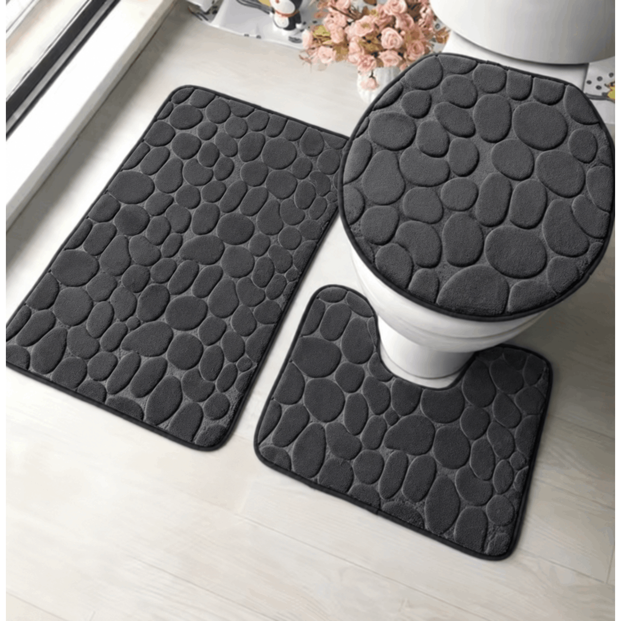 Image of Bath Mat Set Of 3pcs Bathroom Non-slip Absorbent Toilet Mats