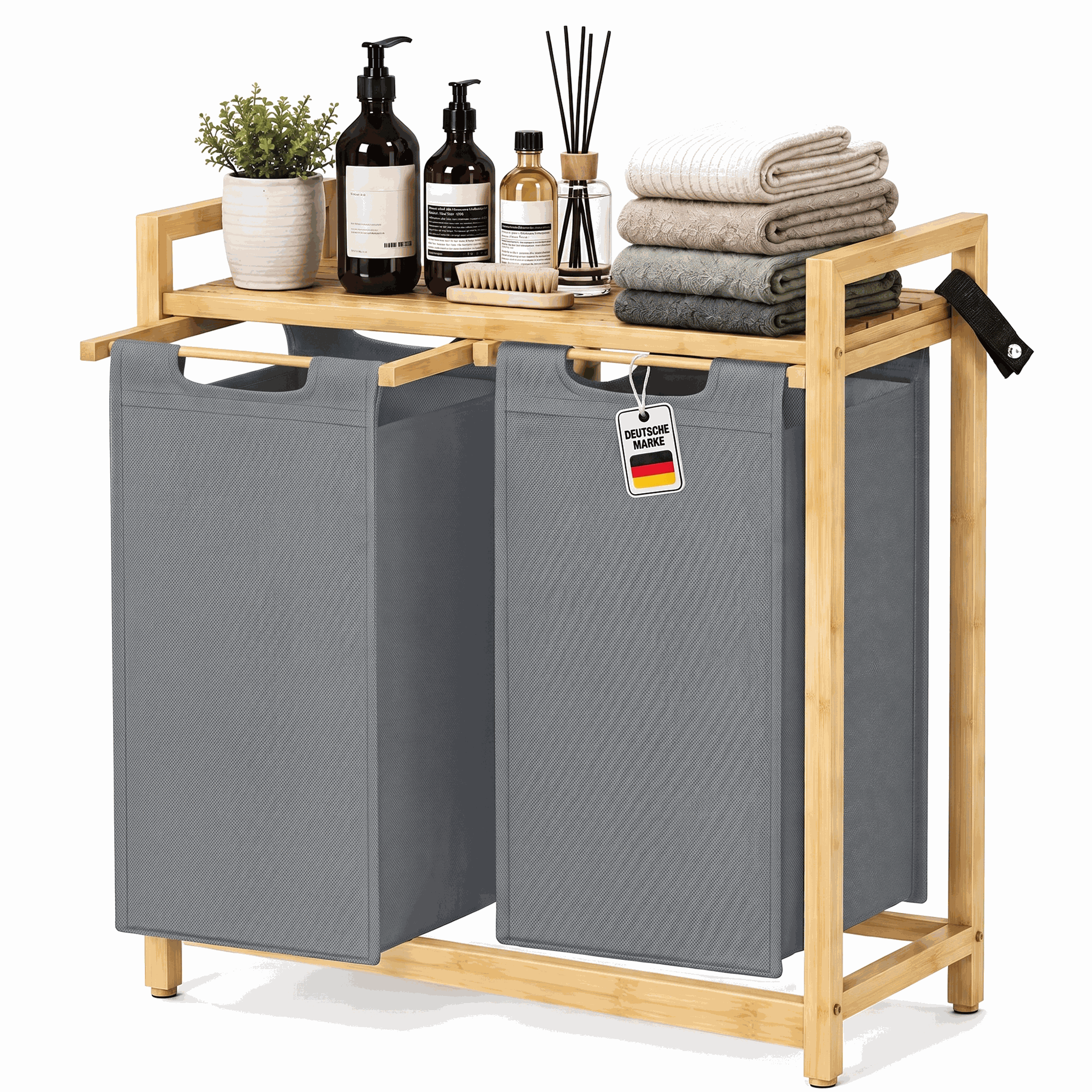 Image of Roxlin Bamboo Laundry Basket With 2 Compartments 100l - Double 50l Laundry Collector With Removable Fabric Bags, Stable Bamboo Frame With Shelf, Space-saving Laundry Collector For Bathroom & Bedroom