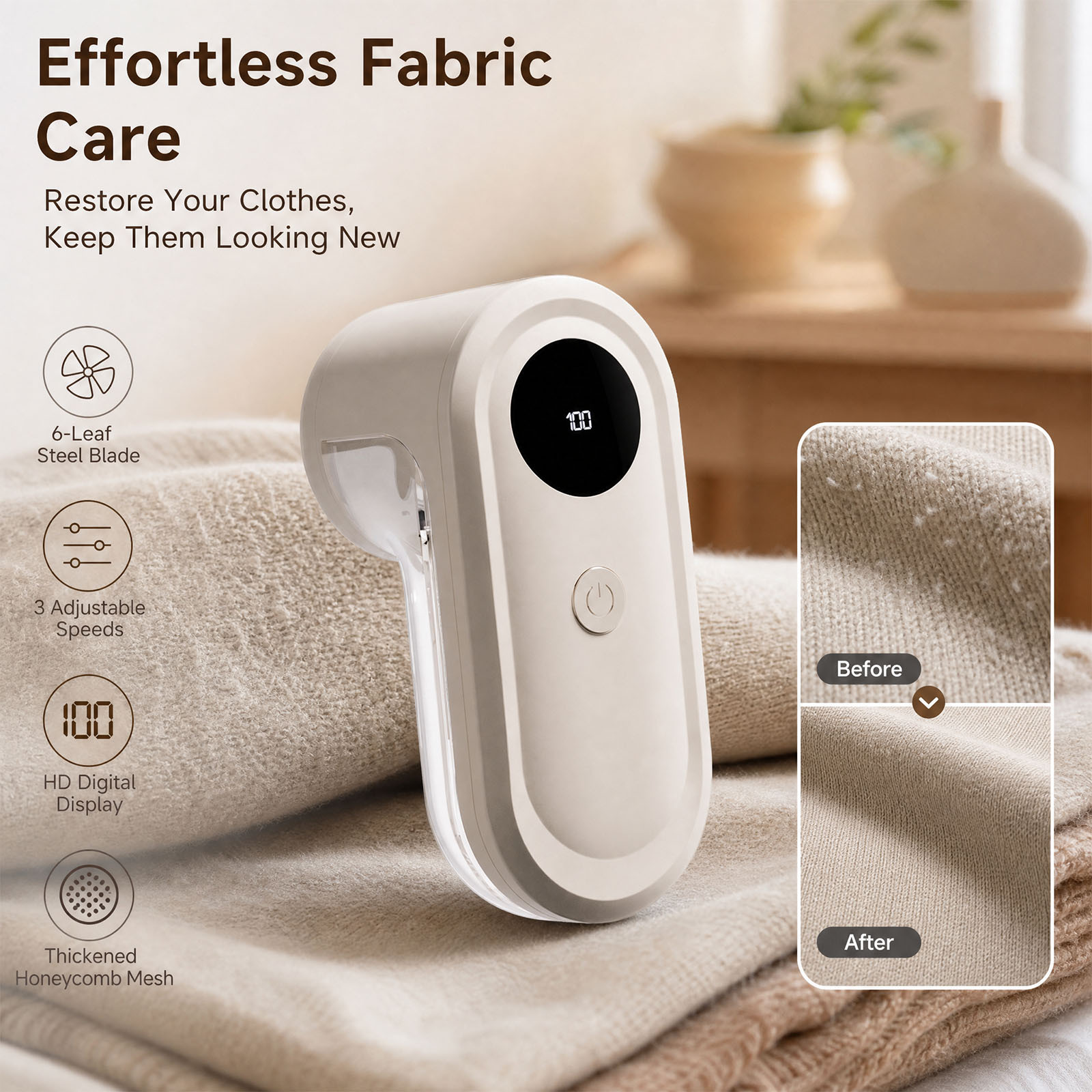 TEMU Fabric Shaver, Rechargeable Lint Remover With Led Digital Display, 3-speed Electric Bobble Remover, Powerful Suction Clothes Shaver For Sweaters