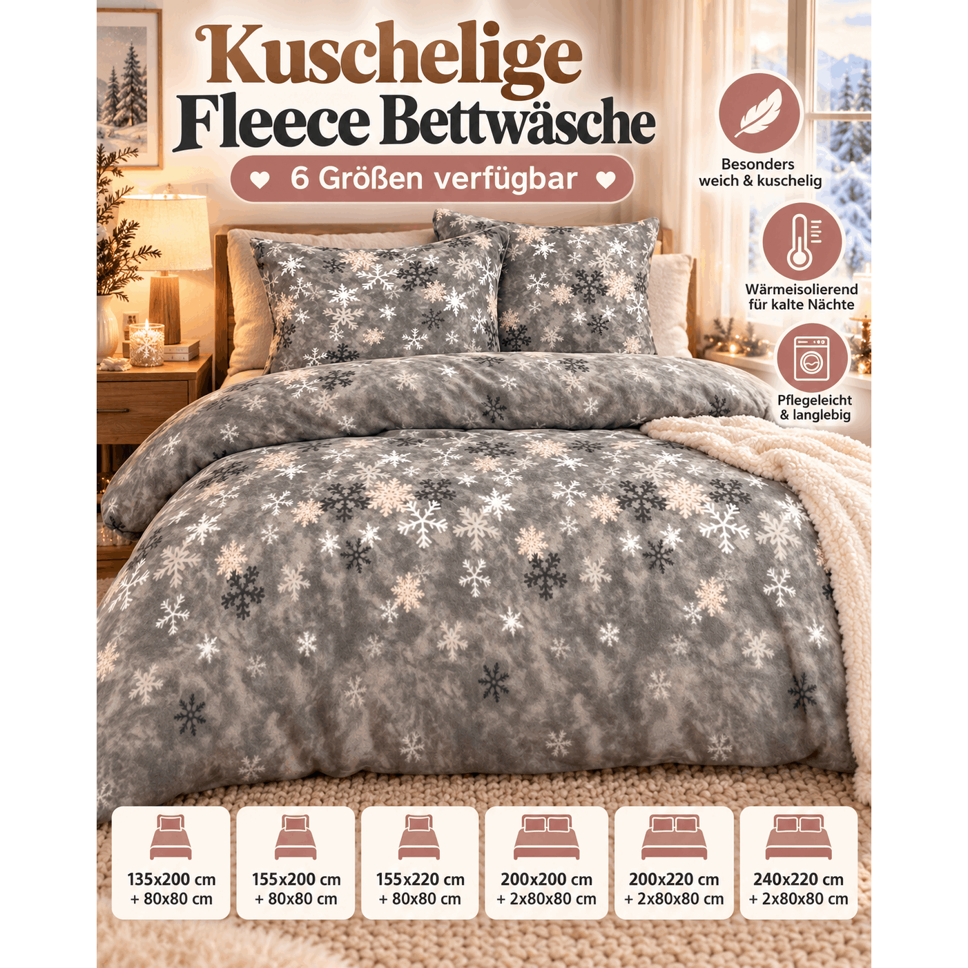 TEMU Bettwäsche Fleece Winter Schneeflocken Grau Rosa Weiß in vielen Größen kuschelig weich Reißverschluss warm Bezug Kissen 80x80 cm