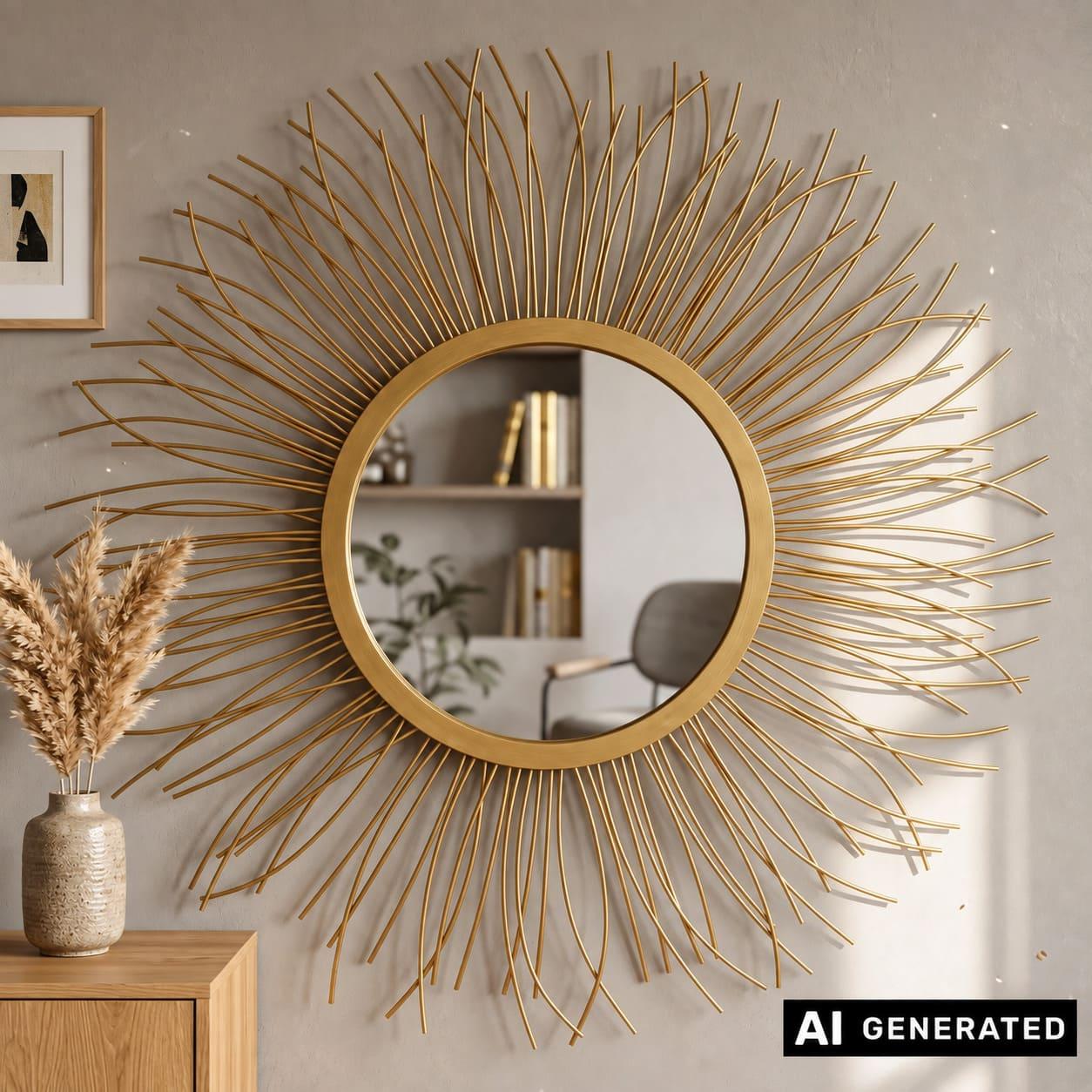 Image of Wall Mirror "sun" Made Of Metal, Golden, Ø 50 Cm, Mirror, Wall Decoration, Decorative Mirror, Wall Ornament, Hallway Mirror