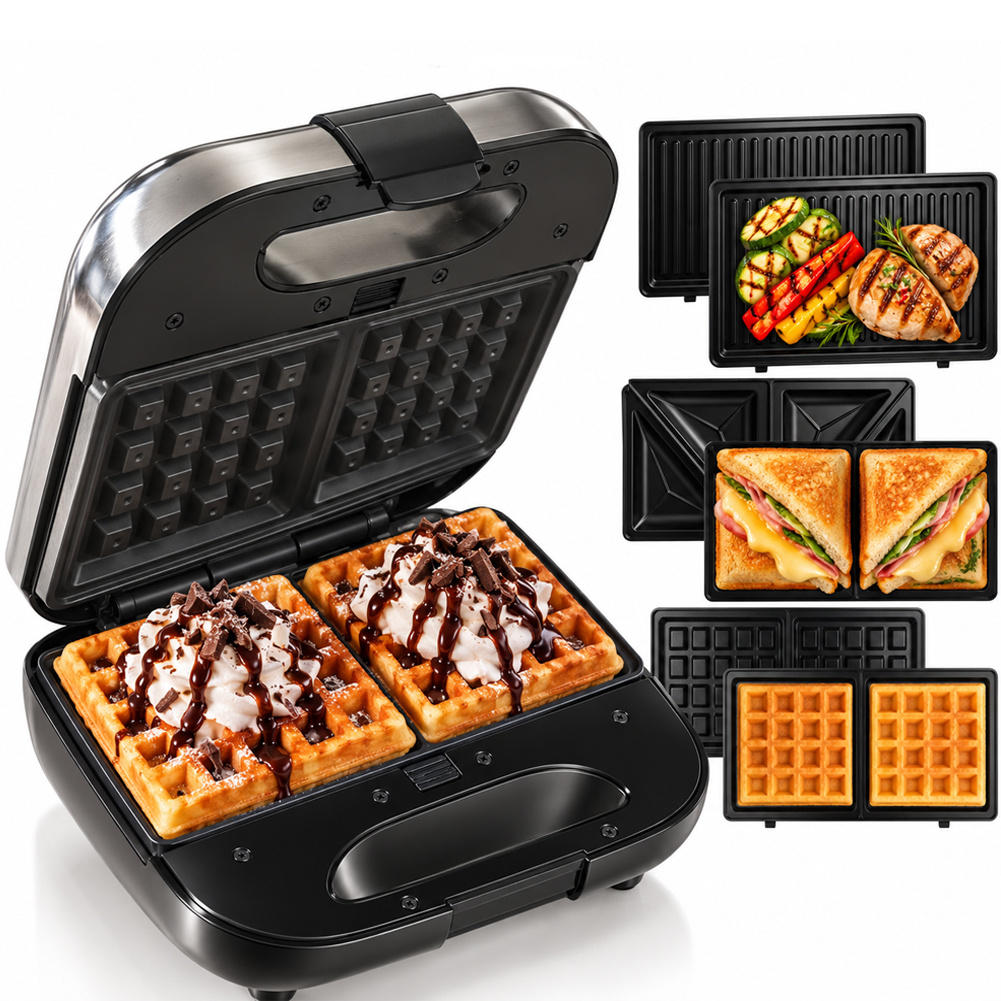 TEMU Bakaji 3-in-1 Sandwich Maker, Handle, Non-slip Feet, 800w Panini Maker, Automatic Temperature Control, Ideal For Toast, , , Interchangeable