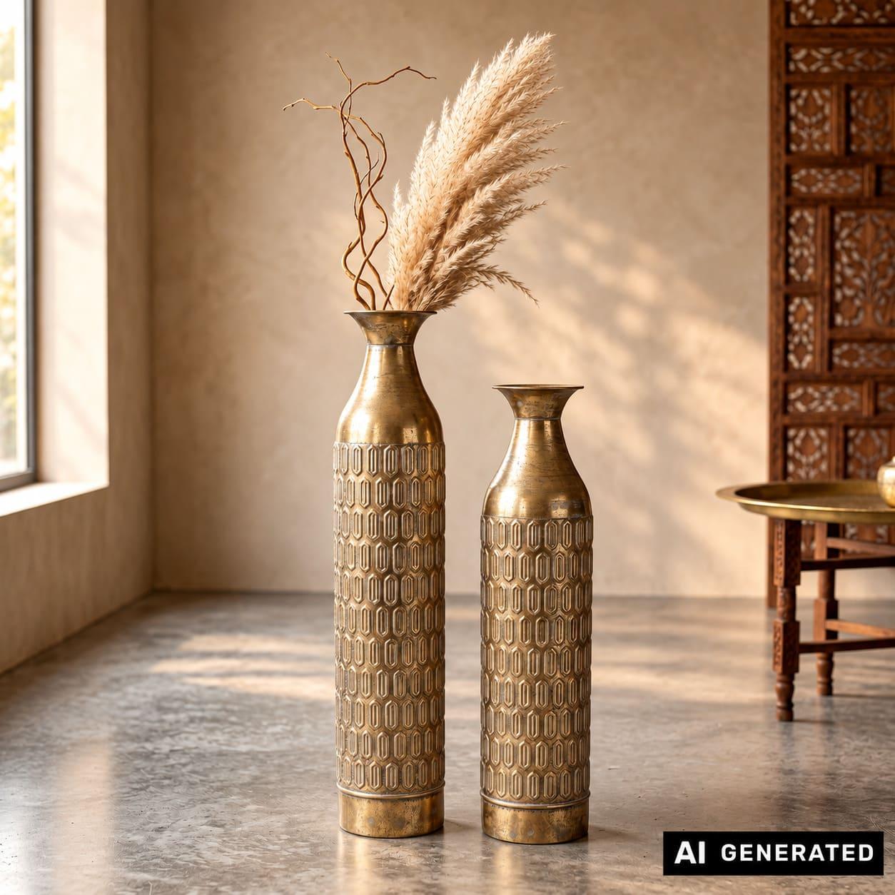 Image of 2x "gold" Metal Floor Vase, Slim, 63 & 72 Cm Tall, Xl Vase, Decorative Flower Vase