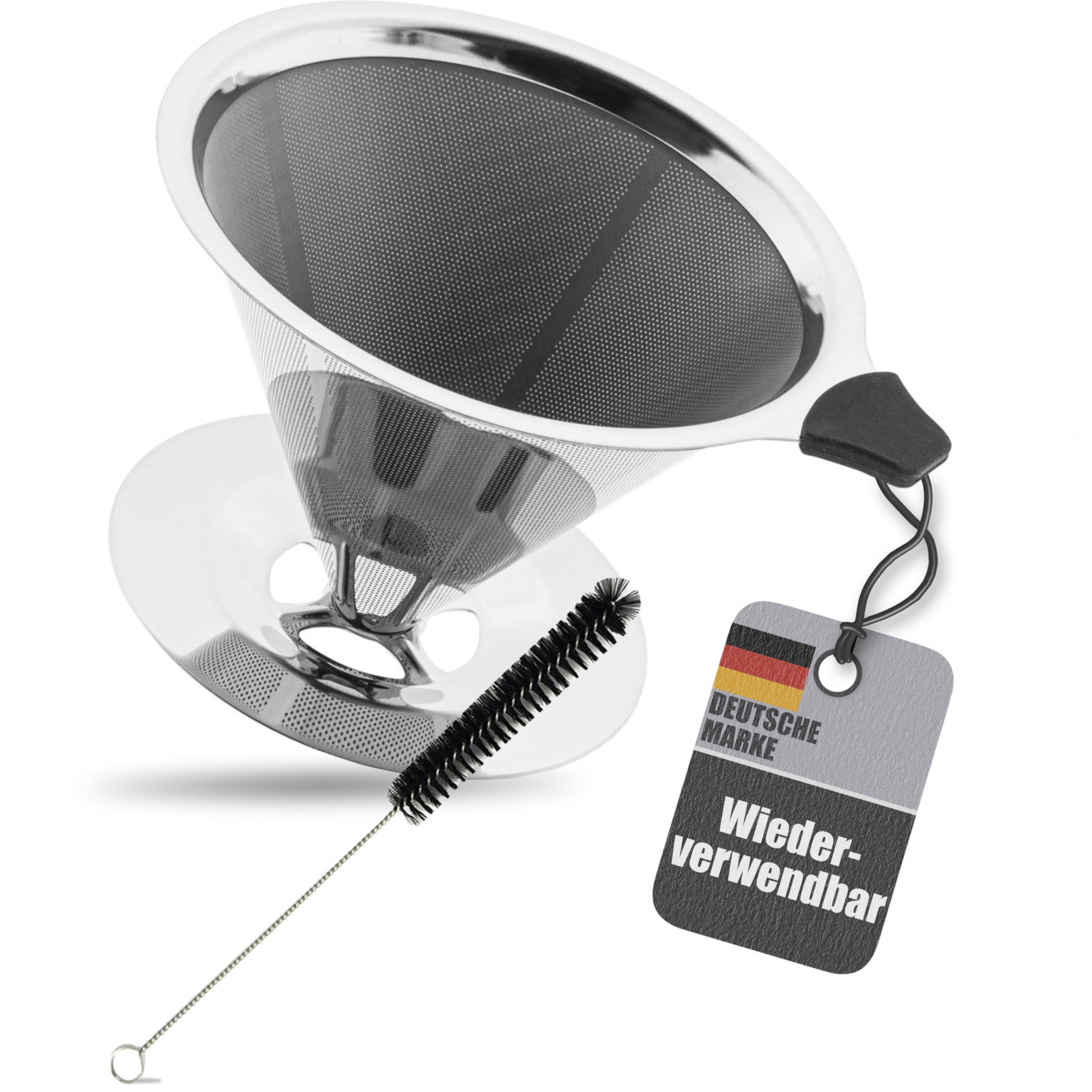 Image of Reusable Stainless Steel Coffee Filter - Permanent Filter With Brush - Size 4 - Reusable Permanent Coffee Filter - Hand Drip Coffee Attachment, Coffee Sieve