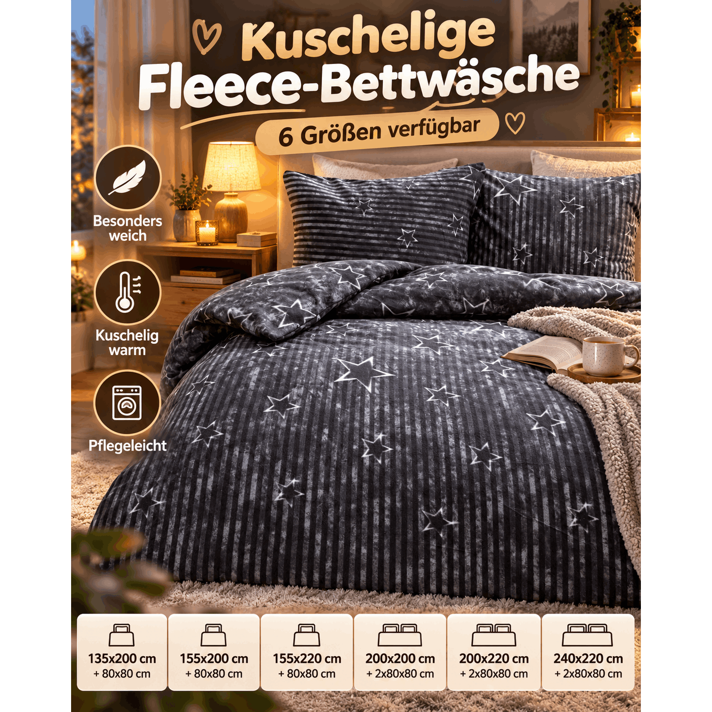 Image of Fleece Winter Bedding With Star Stripes In Grey And White, In Many Sizes, Cuddly, Soft, Zip Closure, Warm Blanket 80x80 Cm.