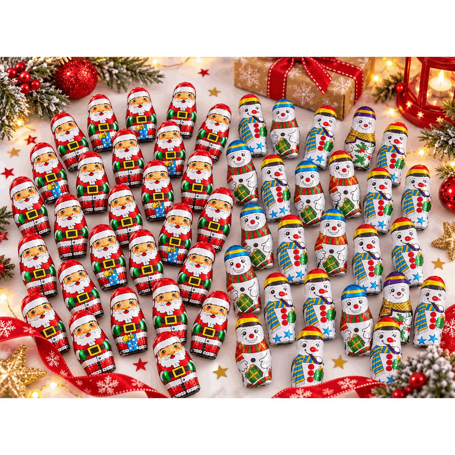 Image of 60-piece Set Of Milk Chocolate Christmas Figures - 30 Santas & 30 Snowmen - 510g Total Weight - Individually Wrapped Chocolate Figures For Advent, St. Nicholas & Christmas