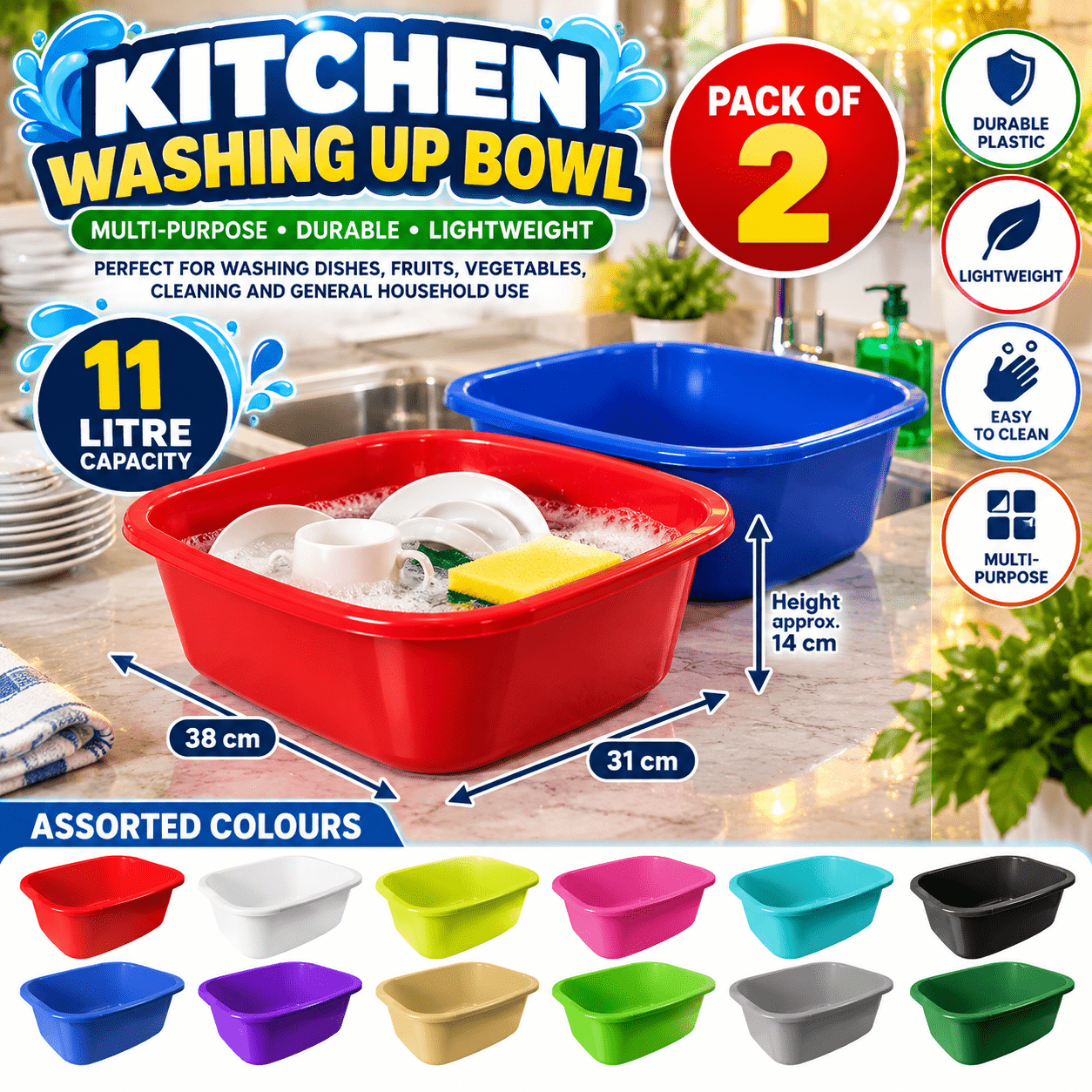 TEMU Pack Of 2 Kitchen Washing Up Bowls 11l, Plastic Wash Basin 38 X 31cm, Large Dish Washing Bowl, Laundry & Cleaning Basin, Lightweight Household