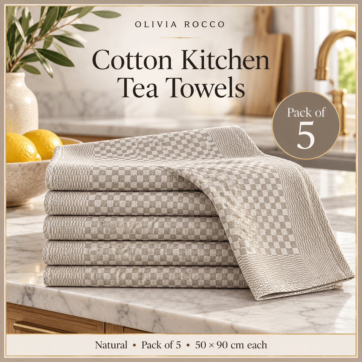 TEMU Pack Of 5 Kitchen Tea Towels, 100% Cotton, Large 50 X 90 Cm Absorbent Check Dish Towels, Machine Washable, Natural