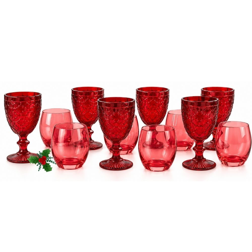 TEMU Ensemble Cecaro Group de 12 verres et gobelets en verre teinté rouge, 350 ml – 6 verres lisses + 6 gobelets à motif mosaïque – Service pour 6 –