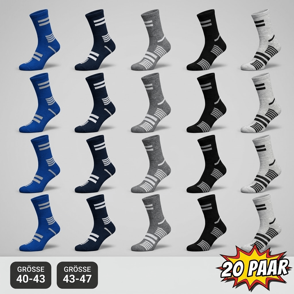Image of 20 Pairs Of Men's Sports Socks For – Comfortable, Soft, Striped, Casual, For Training And Leisure, 85% Cotton, Size 40-43 / 43-47