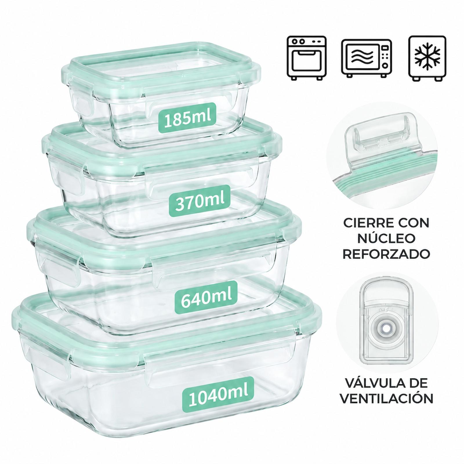 TEMU Set 8 Piezas Tupper de Cristal Borosilicato (4 Envases + ) - Recipientes Herméticos para Comida, Ideal Batch Cooking y Meal Prep - Cierre Clip