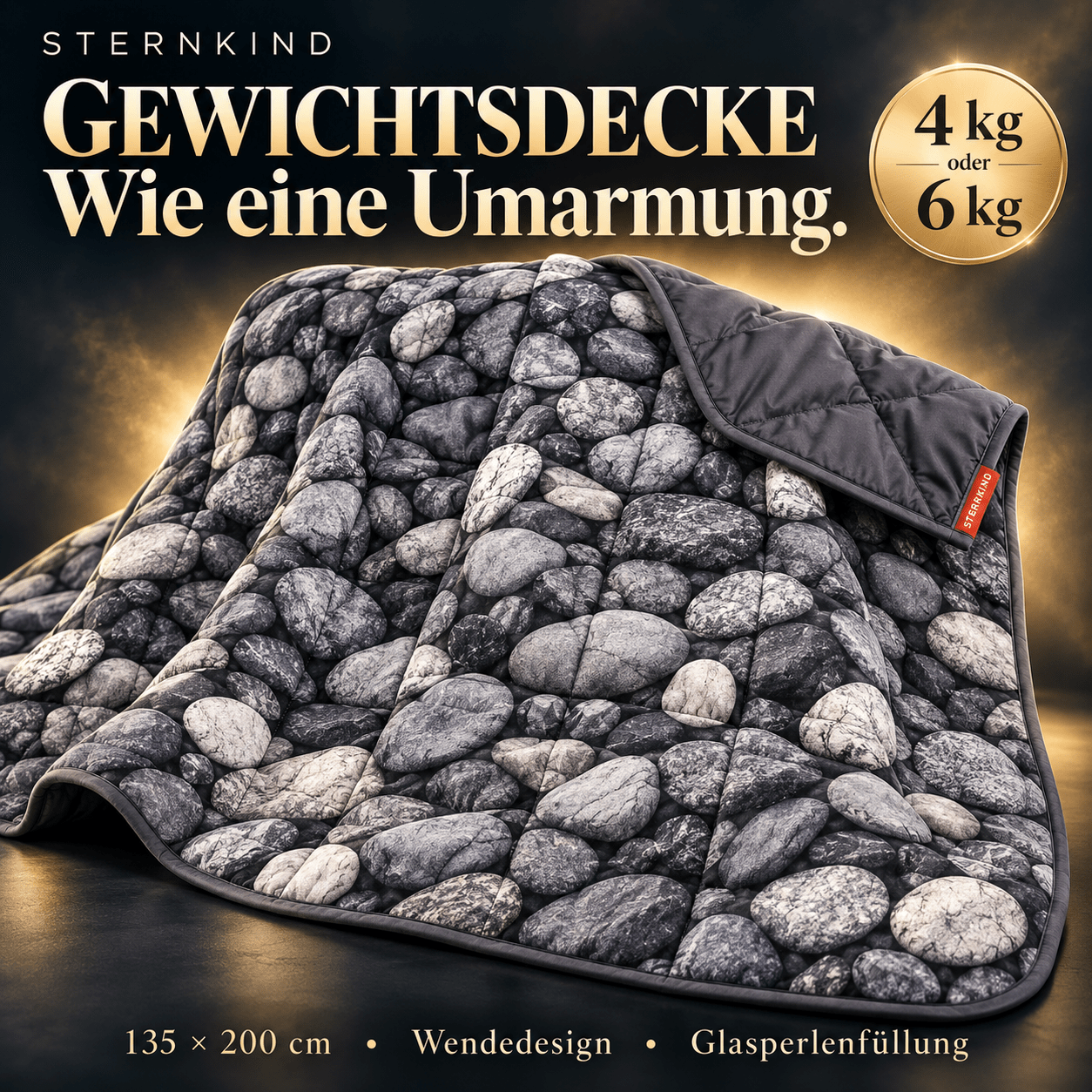 Image of Weighted Blanket 4 Kg Or 6 Kg, 135 × 200 Cm – Reversible Design In Pebble Stone Optics & Uni-grey, Soft Microfiber With Glass Beads, Breathable, Washable At 30 °c.