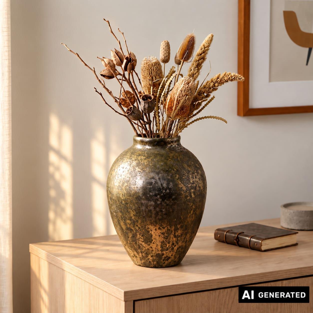 Image of Metallic Vase Made Of Metal, With Antique Golden Finish, 23 Cm High, Vase For Dry Flowers, Flower Vase, Table Vase For Branches & Twigs