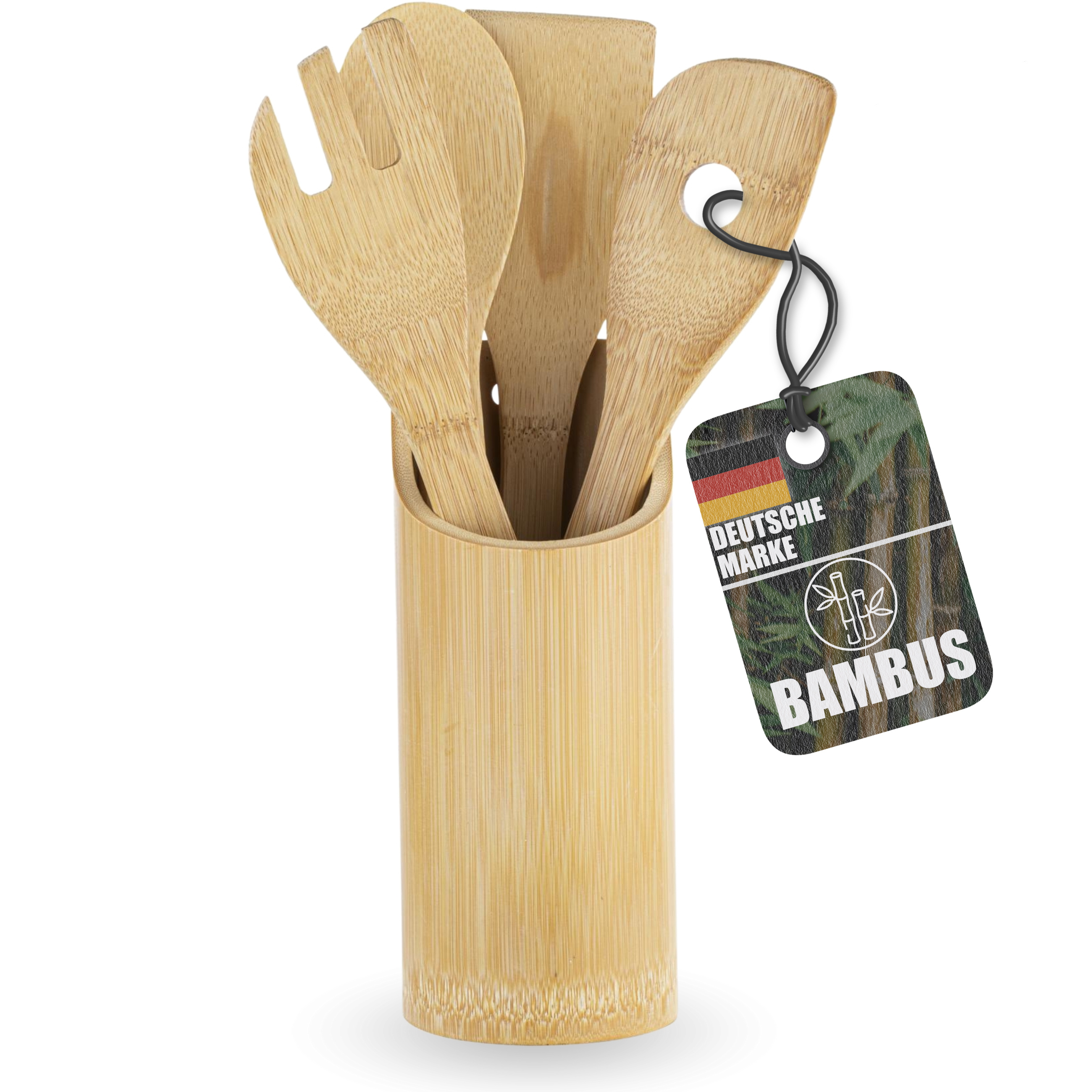 Image of 5-piece Bamboo Wood Kitchen Utensil Set With Holder: Cooking Spoon, Spatula, Slotted Turner, Salad Spoon - Wooden Kitchen Utensil Set, Wooden Cooking Utensils, Wooden Cutlery Set