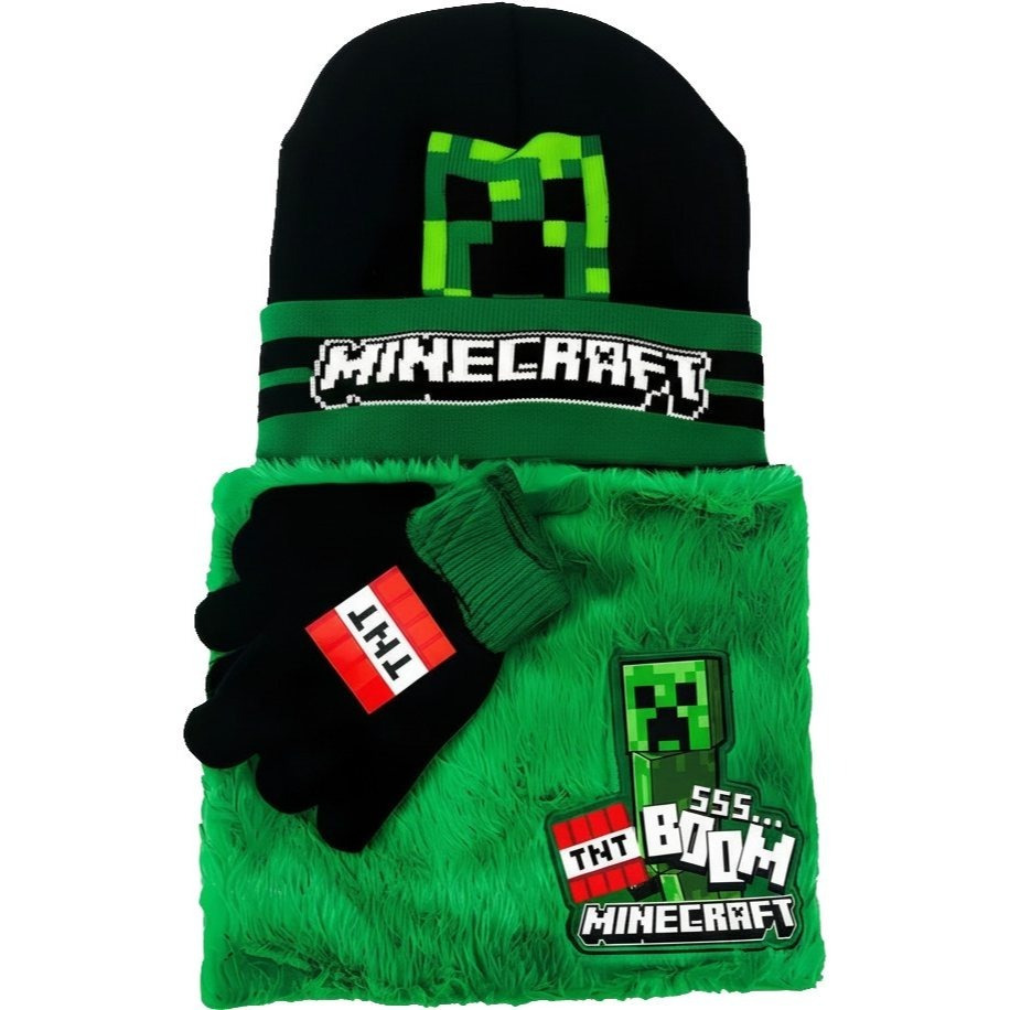 TEMU Minecraft Creeper 3-teiliges Set: Mütze, Schal, Handschuhe für Kinder, Einheitsgröße