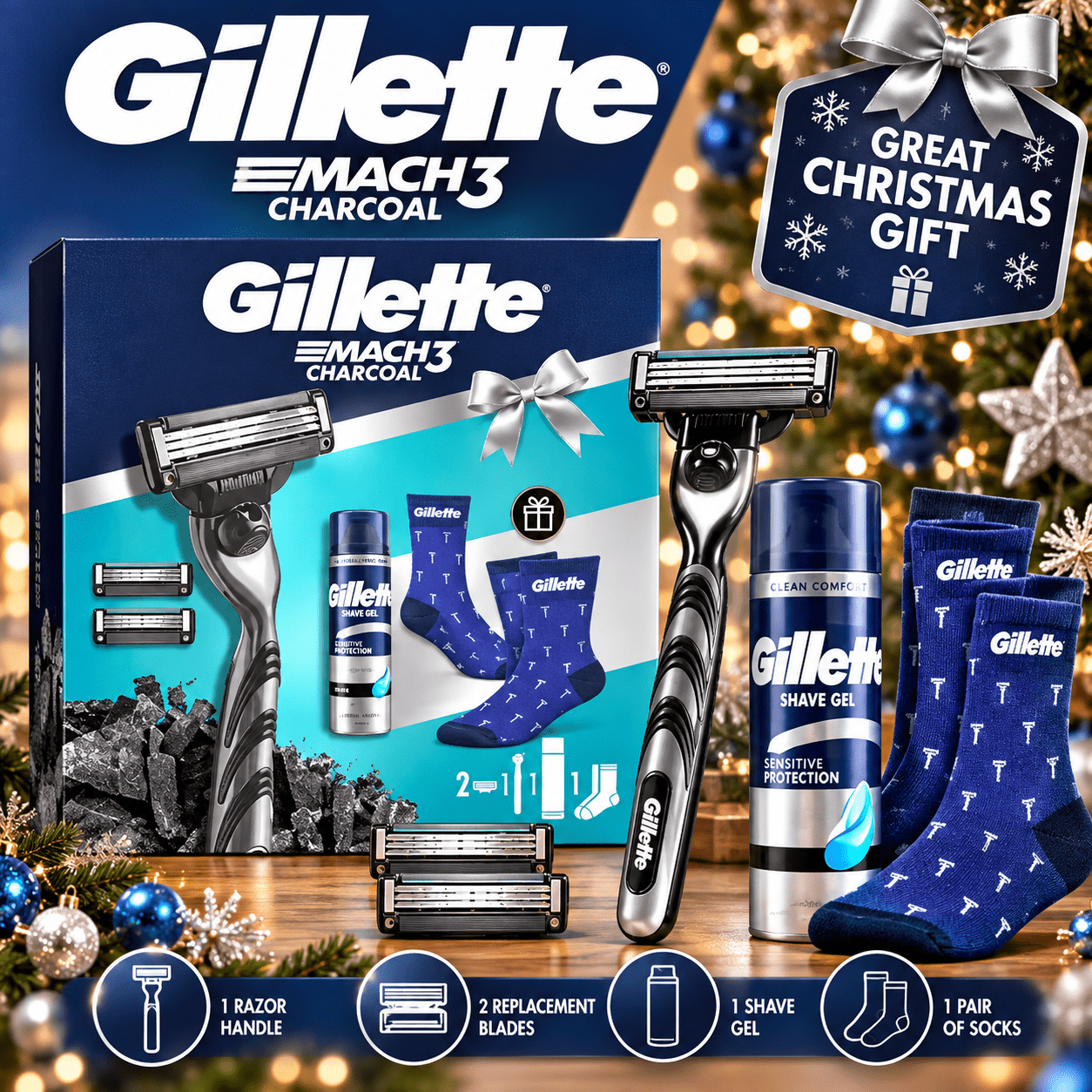 TEMU Gillette Mach3 & Old Spice Whitewater Men's Christmas Gift Set – Razor, 2 & 3-in- Wash – Shaving & Grooming Gift For Him