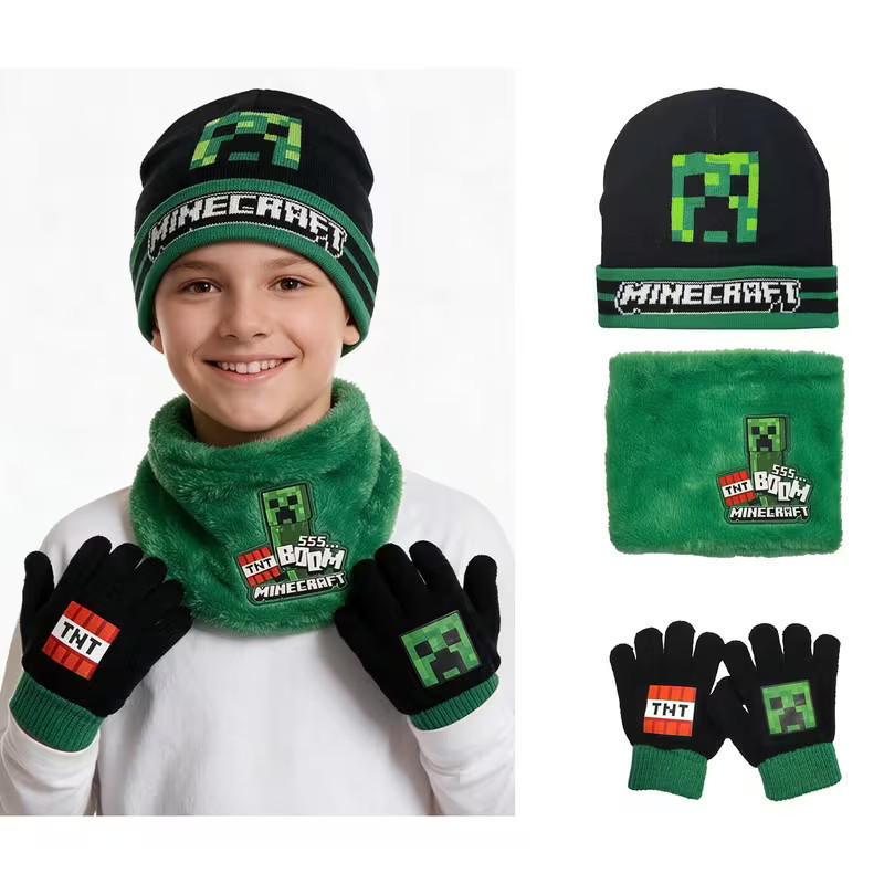 TEMU Set 3 Pezzi Cappello Sciarpa Guanti Minecraft Creeper Bambini Taglia Unica
