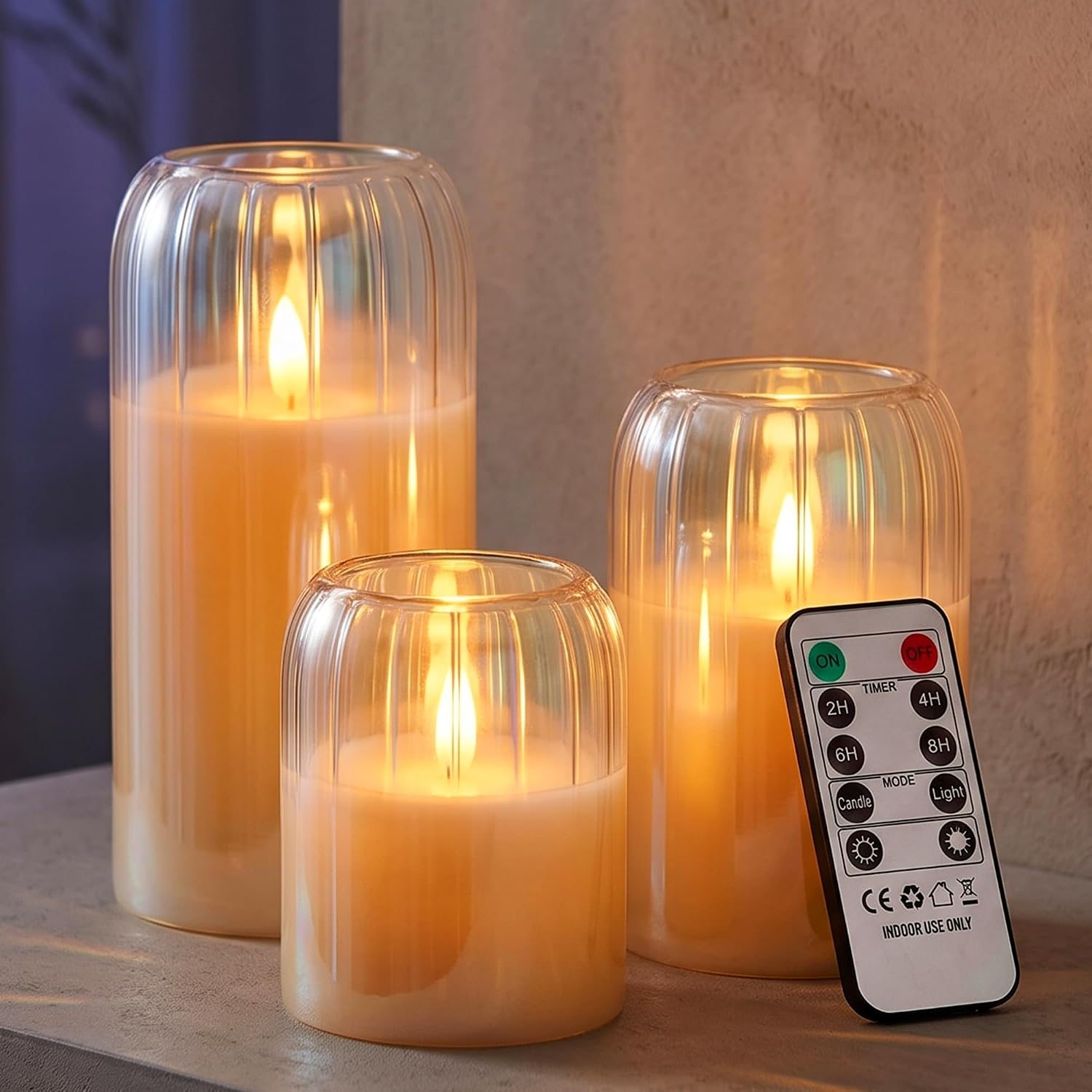 TEMU Lkh Iridescent Glass Candle Set With Remote & Fragrance - 3 Pack Flameless Flickering Led Candles - Battery-operated Candles With Adjustable
