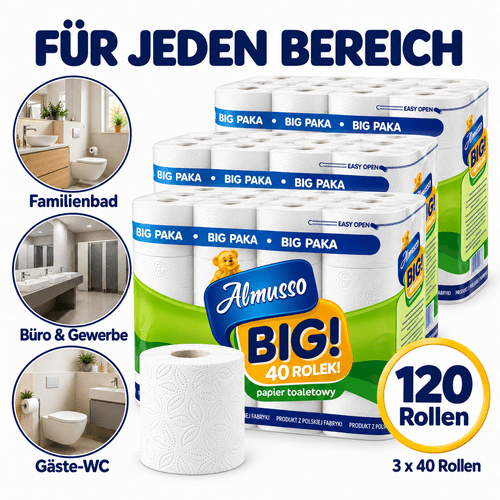 Almusso BIG Carta Igienica 120 Rotoli - Carta WC a 3 Strati Realizzata in 100% Cellulosa - Confezione Grande 3 X 40 Rotoli - 105 Fogli per Rotolo - Bianca, Senza Profumo & Senza Balsamo - Confezione di Stoccaggio per Casa, Ufficio, WC per Ospiti & Aree Sanitarie