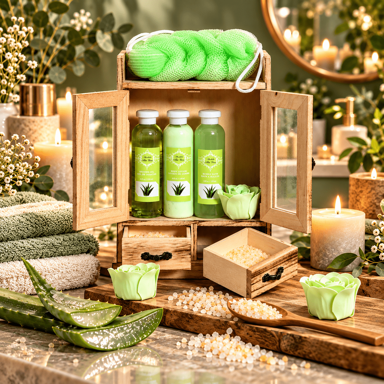 Image of Brubaker Cosmetics Bath And Care Set Aloe Vera In Wooden Cabinet - Beauty Bath Set Gift For Women - Wellness Gift Set For Home