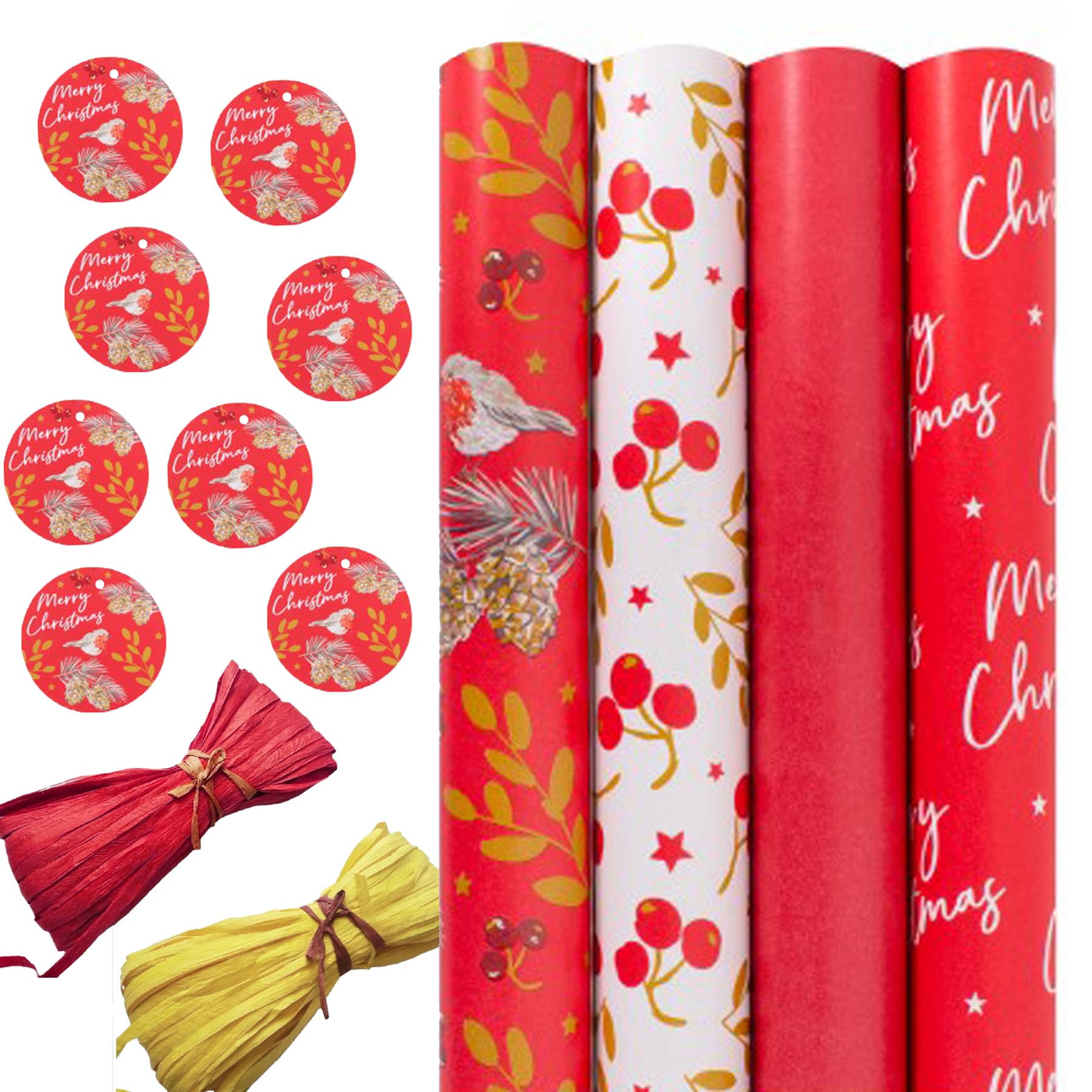 TEMU Christmas Wrapping Paper 8 Metre Tags And Raffia Ribbon Set Redchristmas Wrapping Paper 16 Metres And 16 Gift Tags - Forest Designs