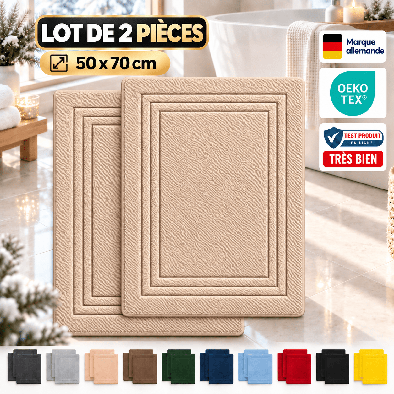 TEMU Ensemble de 2 tapis de bain 50X70 cm en 100% – Serviettes éponge, 600 G/M², Très absorbants et à séchage rapide, Lavables