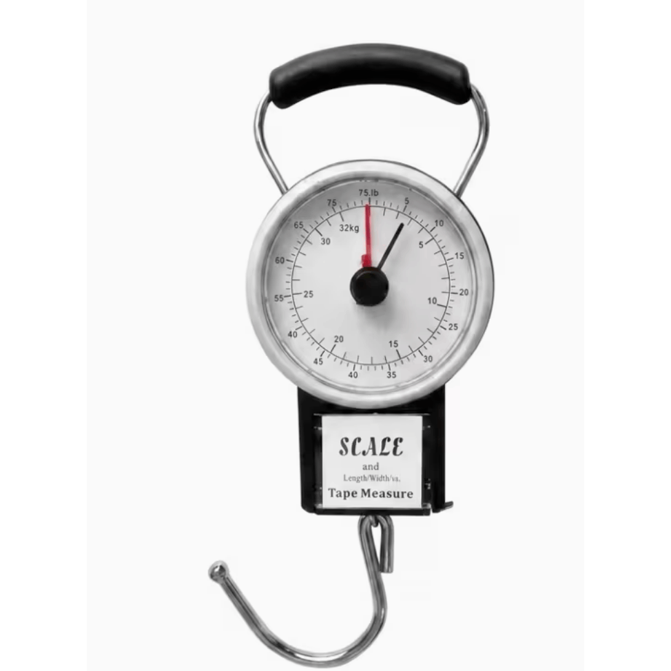 TEMU Portable Luggage Scale For Travel | Manual Handheld Luggage Scales For Suitcases | 32kg Weight Capacity With Built In Tape Measure For Airline