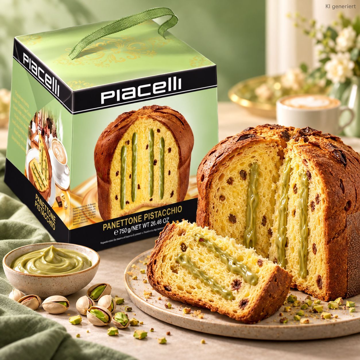 Image of Piacelli Pistachio Panettone 750 G – Italian Yeast Cake With Pistachio Cream & Chocolate Chunks – Light And Fluffy Christmas Cake – Italian Cake Specialty – Gift Idea