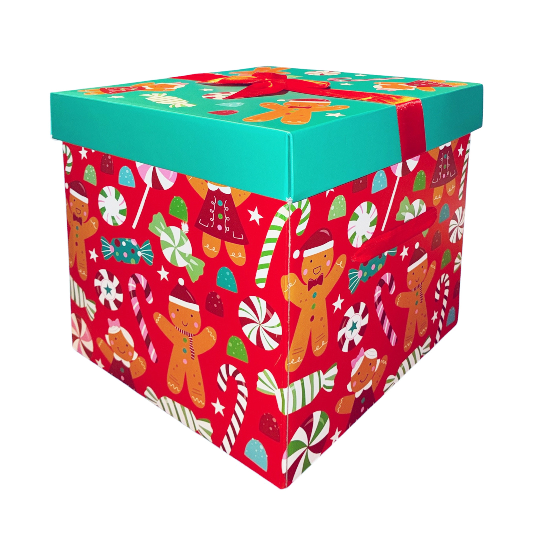 TEMU Eurowrap Christmas Gingerbread Design Gift Box – Large 28cm Festive Present Box With Lid, Ribbon & Handles – Reusable Hamper Or Storage Box For