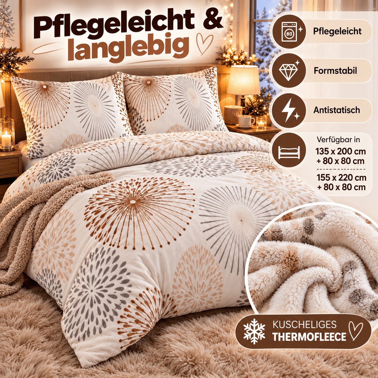 Image of Winter Bedding Set Beige Gray White Circles Ornaments 135x200 Cm Soft Warm With Zipper Pillowcase 80x80 Cm Christmas Gift Idea