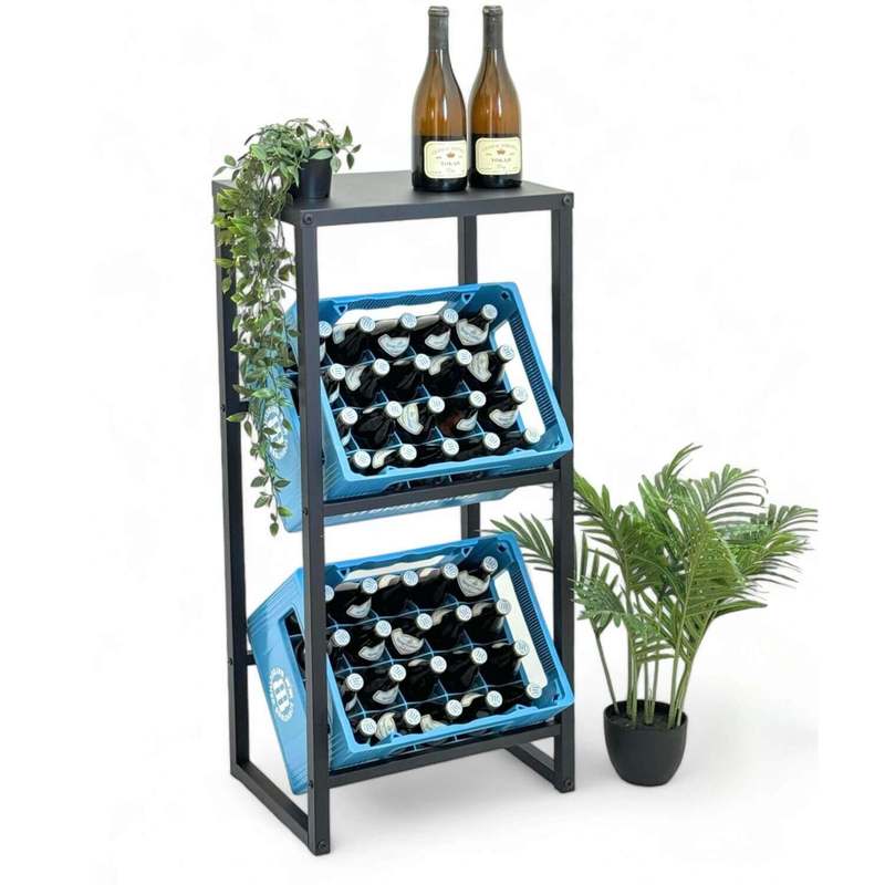 Image of Narrow Beverage Crate Shelf For 2 Crates With Wooden Shelf Standing Beverage Crate Stand Made Of Metal Bottle Crate Shelf Beverage Crate Holder