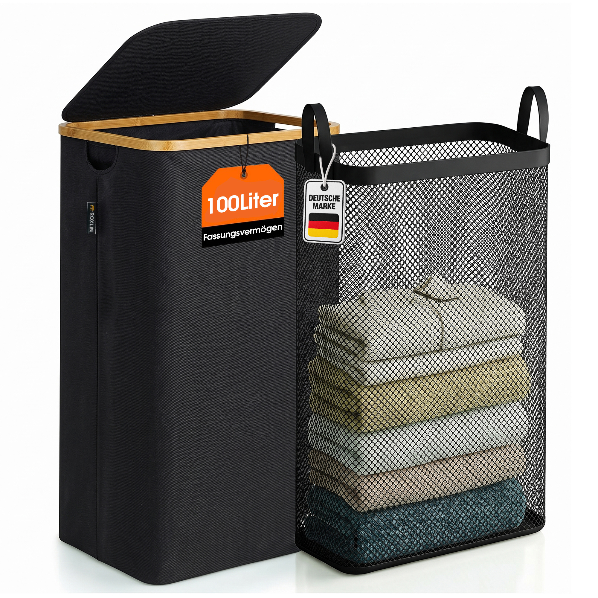 Image of Roxlin Laundry Basket With Lid 100l – Foldable Laundry Collector With Removable Bag – Bamboo Frame & Durable Material – Space-saving & Easy To Carry – Ideal For Bathroom, Bedroom & Laundry Room