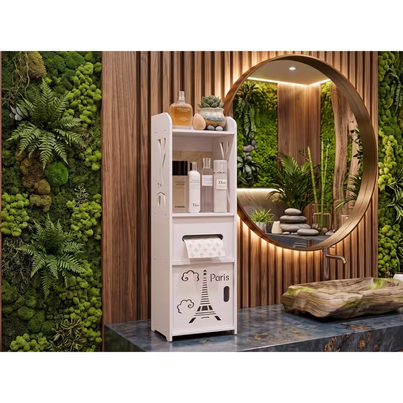 TEMU Mobiletto Salvaspazio da Bagno Con Anta 80X22 �� Scaffale Stretto Multiuso per Carta Igienica, Asciugamani e Accessori