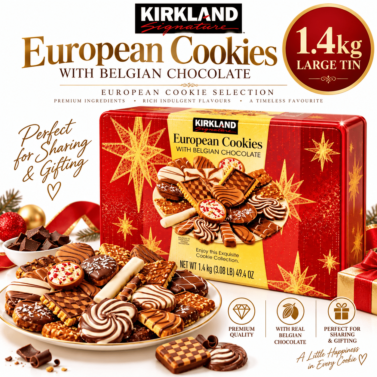 TEMU Kirkland Signature European With Belgian Chocolate 1.4kg – 15 Variety Biscuit Assortment, Milk, Dark & White Chocolate, Christmas Gift Tin
