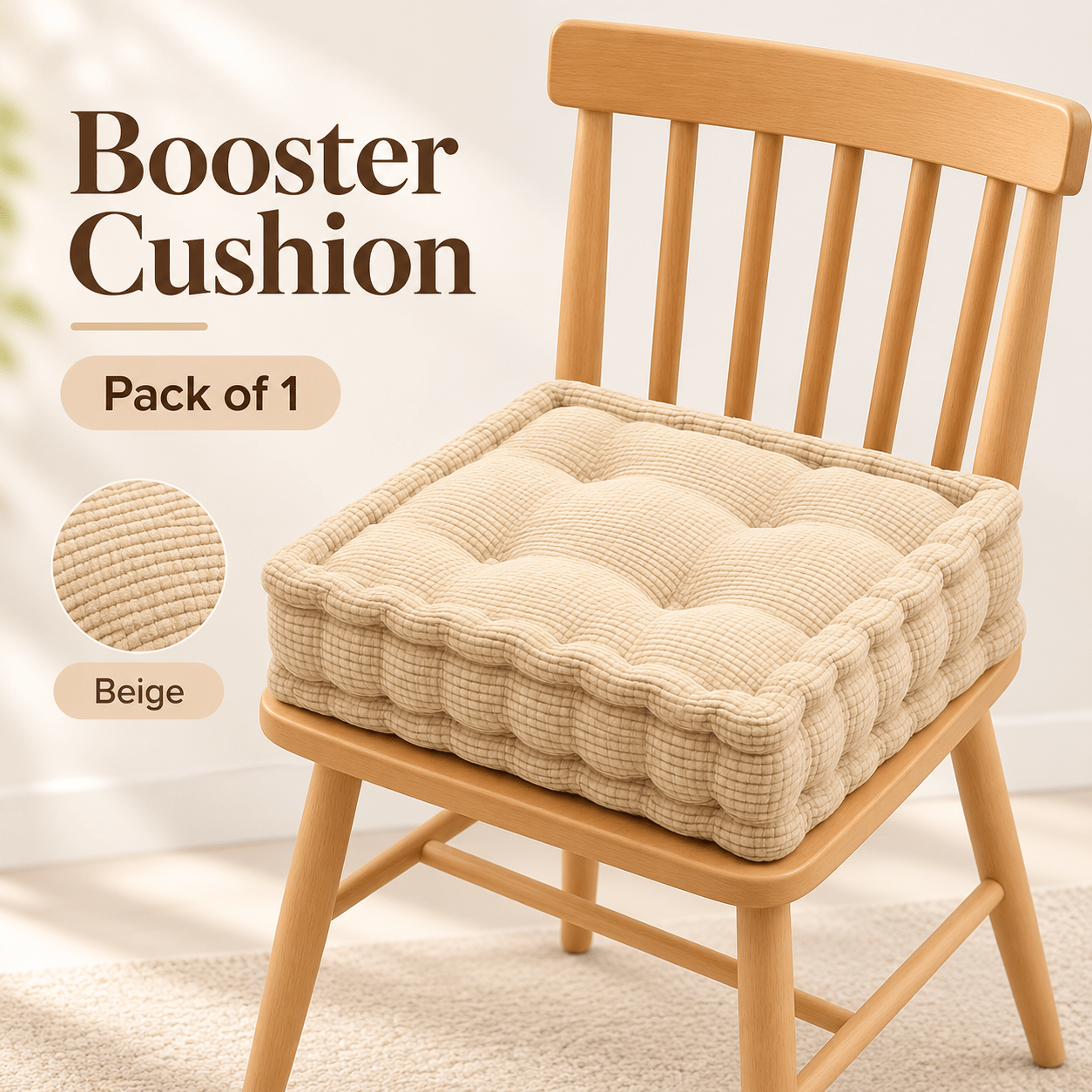 TEMU Booster Cushion Pad Beige 10cm Thick – Firm Support Seat Cushion For Armchair, Dining Chair & Floor – Suede Portable Chair Booster For Elderly,