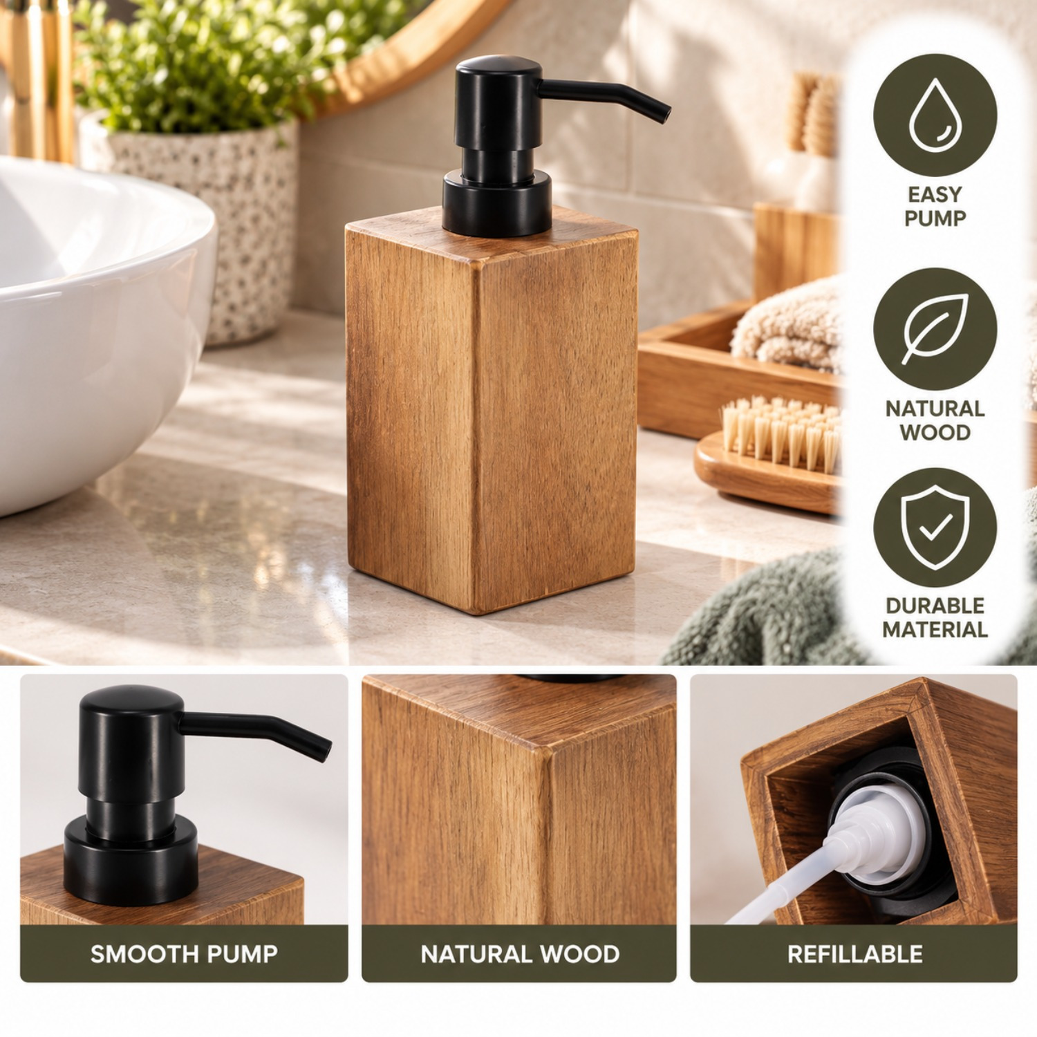 Image of Soap Dispenser 200 Ml In Acacia With Black Matte Abs Pump H16.5 X L6.5 X P6.5 Cm