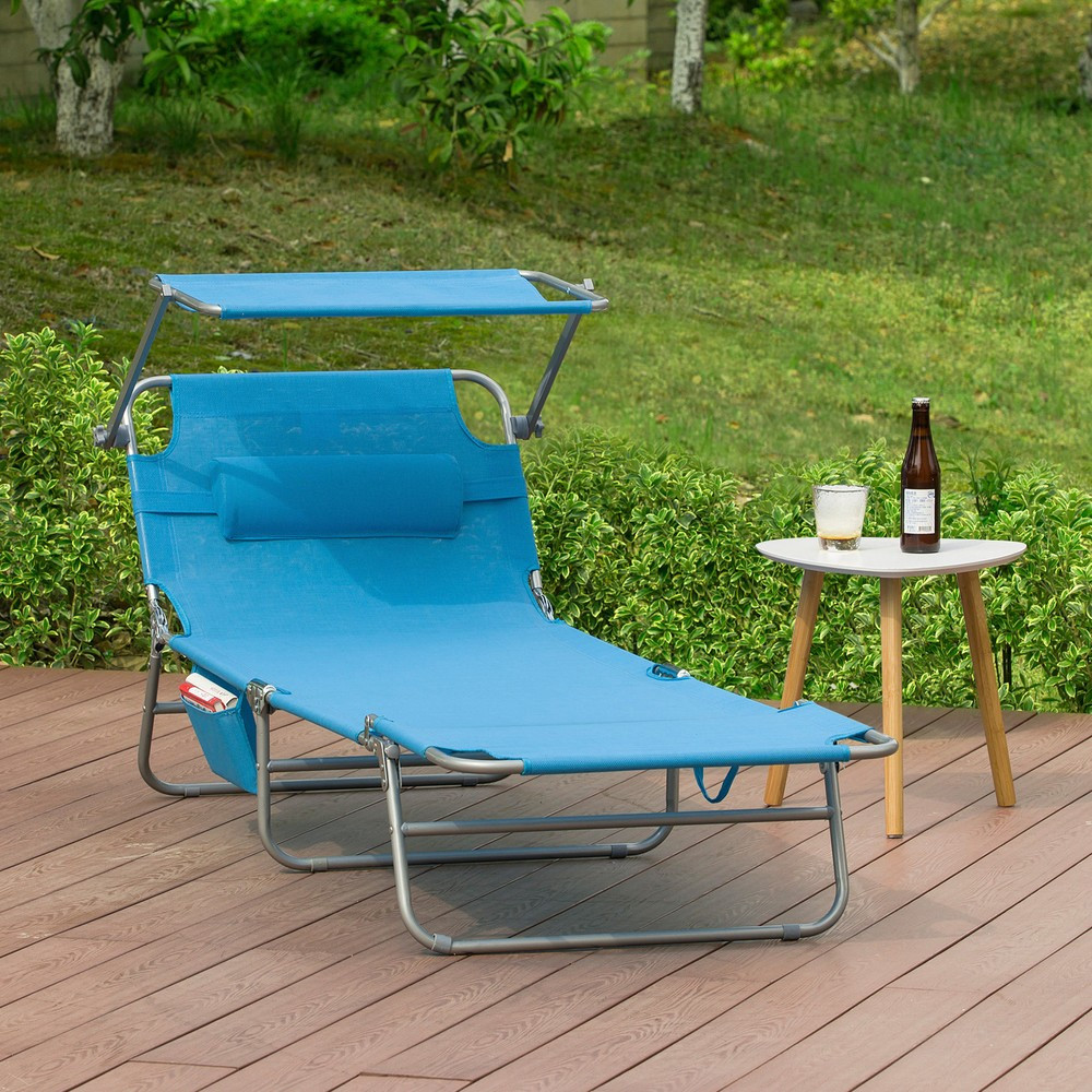Image of Folding Outdoor Chaise Lounge With Adjustable Canopy, Reclining Backrest, Headrest Pillow And Side Pocket, With Blue Fabric, For Beach Pool Camping, 198x62x31 Cm, Sobuy