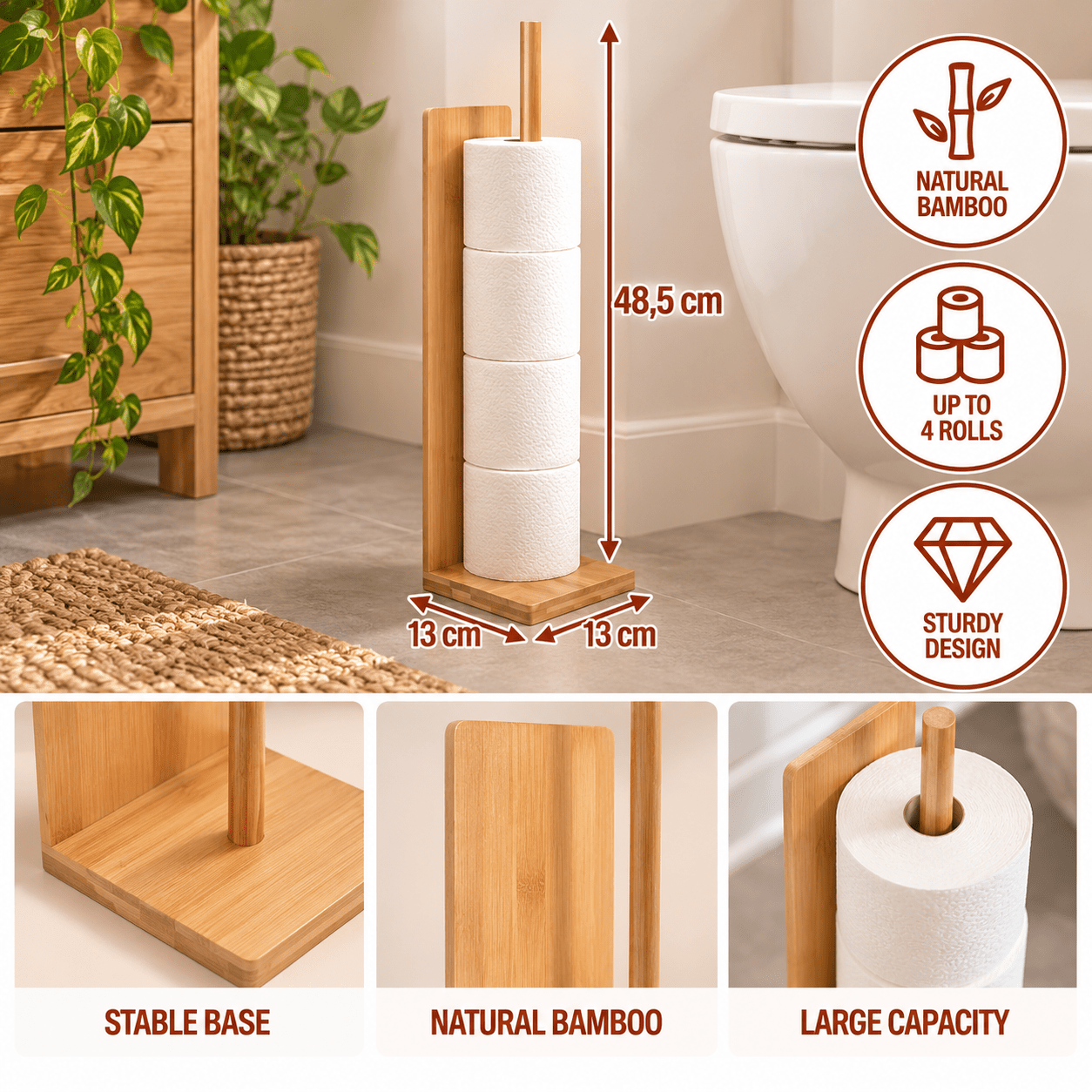 Image of Bamboo Toilet Paper Reserve 4 Rolls H48.5 X 13 X 13 Cm Moisture-resistant