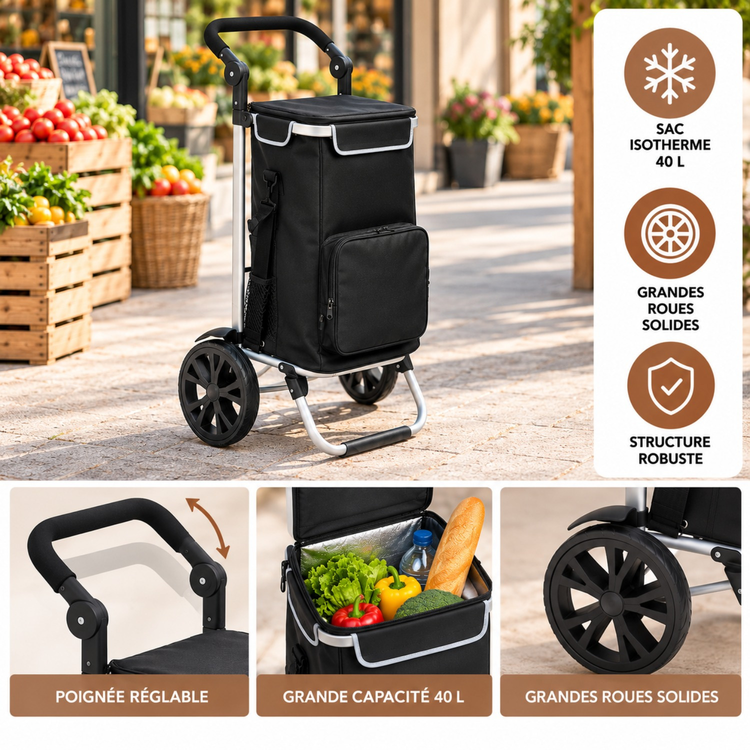 Image of Market Cart 2 Wheels 40 L Insulated Removable Aluminum Black 97 Cm Adjustable Handles