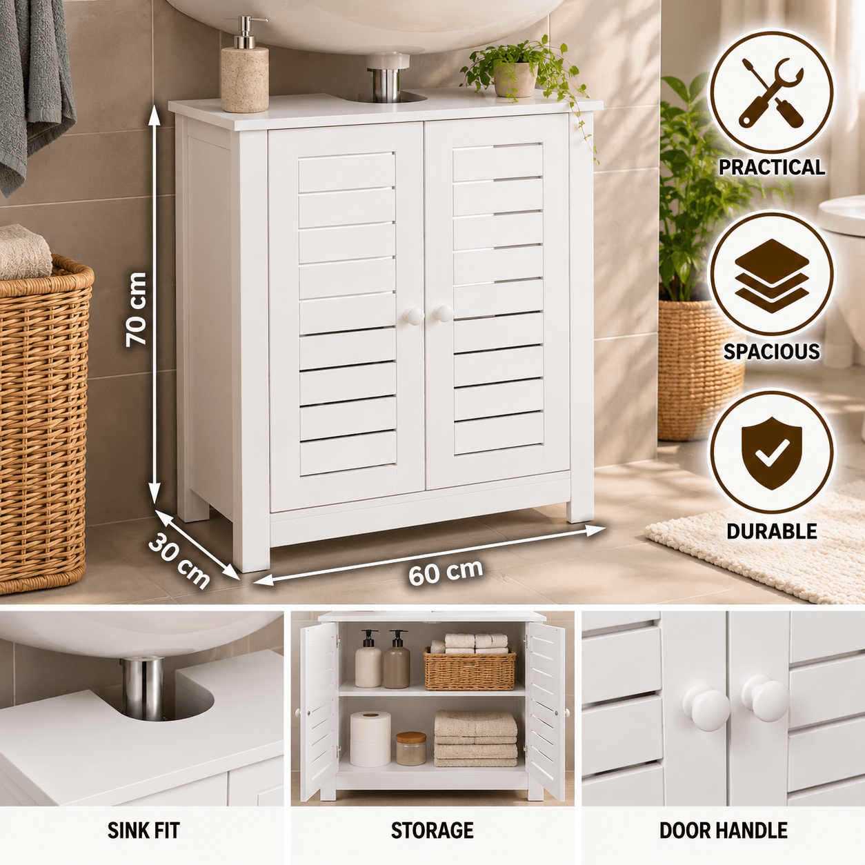 Image of Cabinet Under Sink 2 Doors 1 Shelf H70 × L60 × P30 Cm