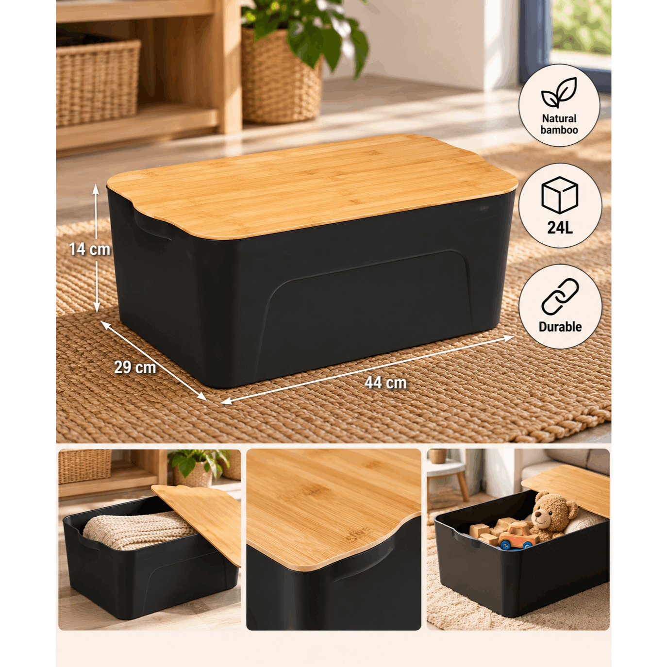 Image of Storage Box 24 L In Polypropylene With Bamboo Lid, Black, 44 × 29 × 24.5 Cm, Weight 1.345 Kg, 10 Kg, Indoor Use