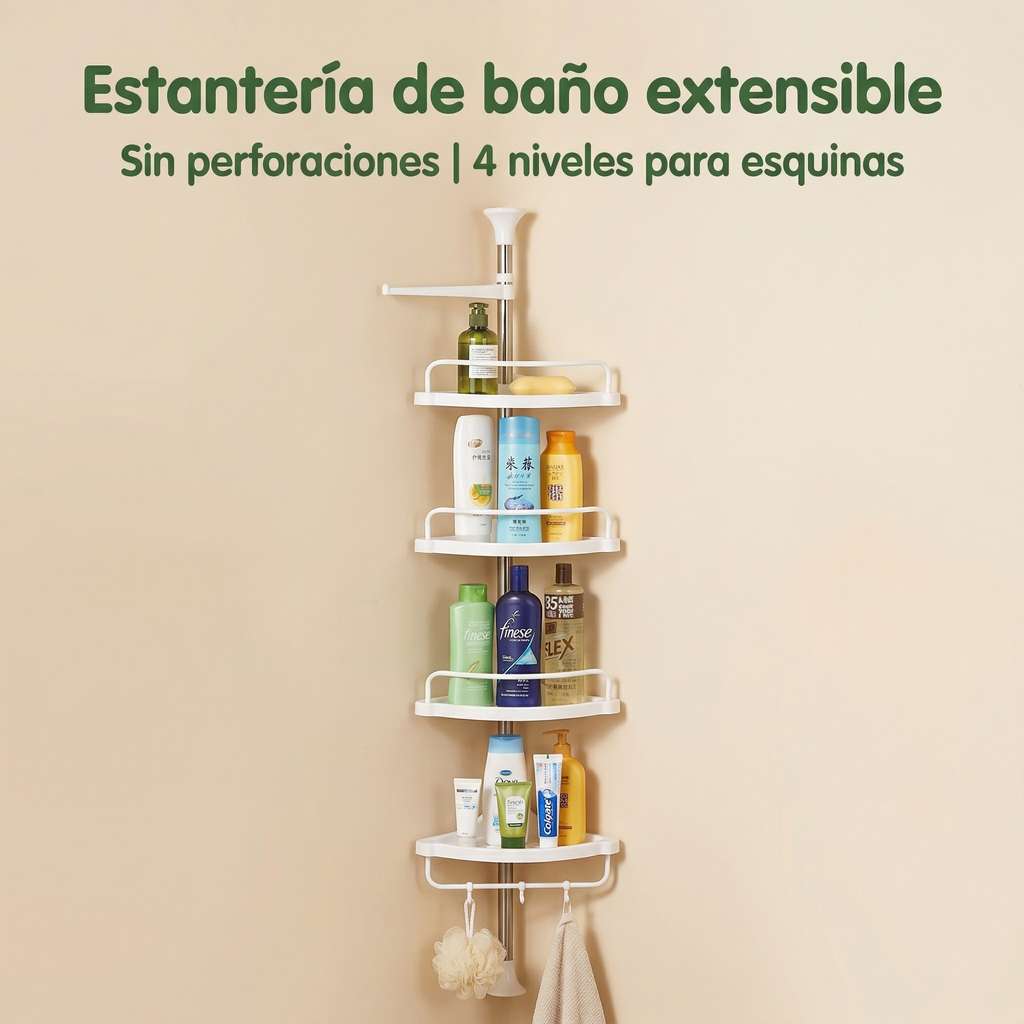 TEMU Estantería Esquinera de Ducha Telescópica, 4 Niveles, 320 cm, Sin Taladro, con Ganchos, Blanca