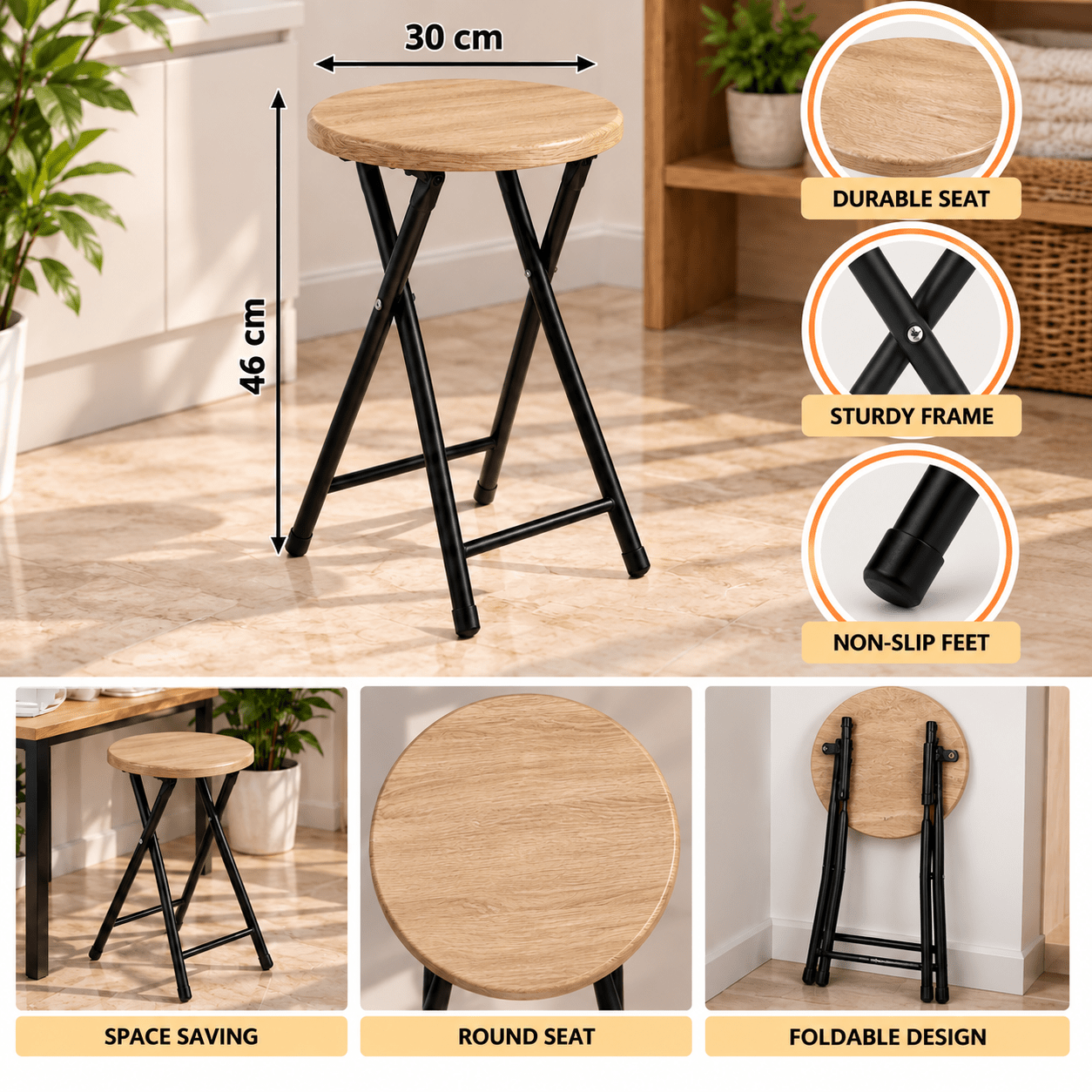 TEMU Tabouret pliant acier beige D.30 x H.46 cm, charge maximale 110 kg, pliable, intérieurV