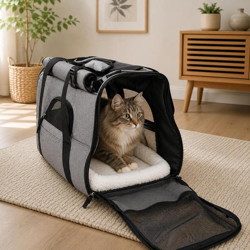TEMU Foldable Cat Carrier, 48.5x27x31.5 Cm, Oxford Fabric, Mesh Design, With Shoulder Strap, Carrying Handles, Cushion, Airline Approved, Up To 10 Kg