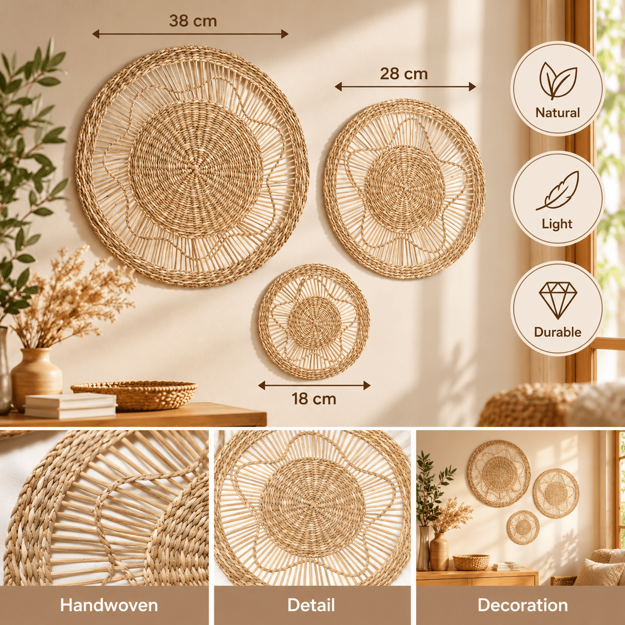 TEMU Set di 3 decorazioni da parete in sabbia �18/�28/�38.7 cm in lino beige per interni, non richiede montaggio